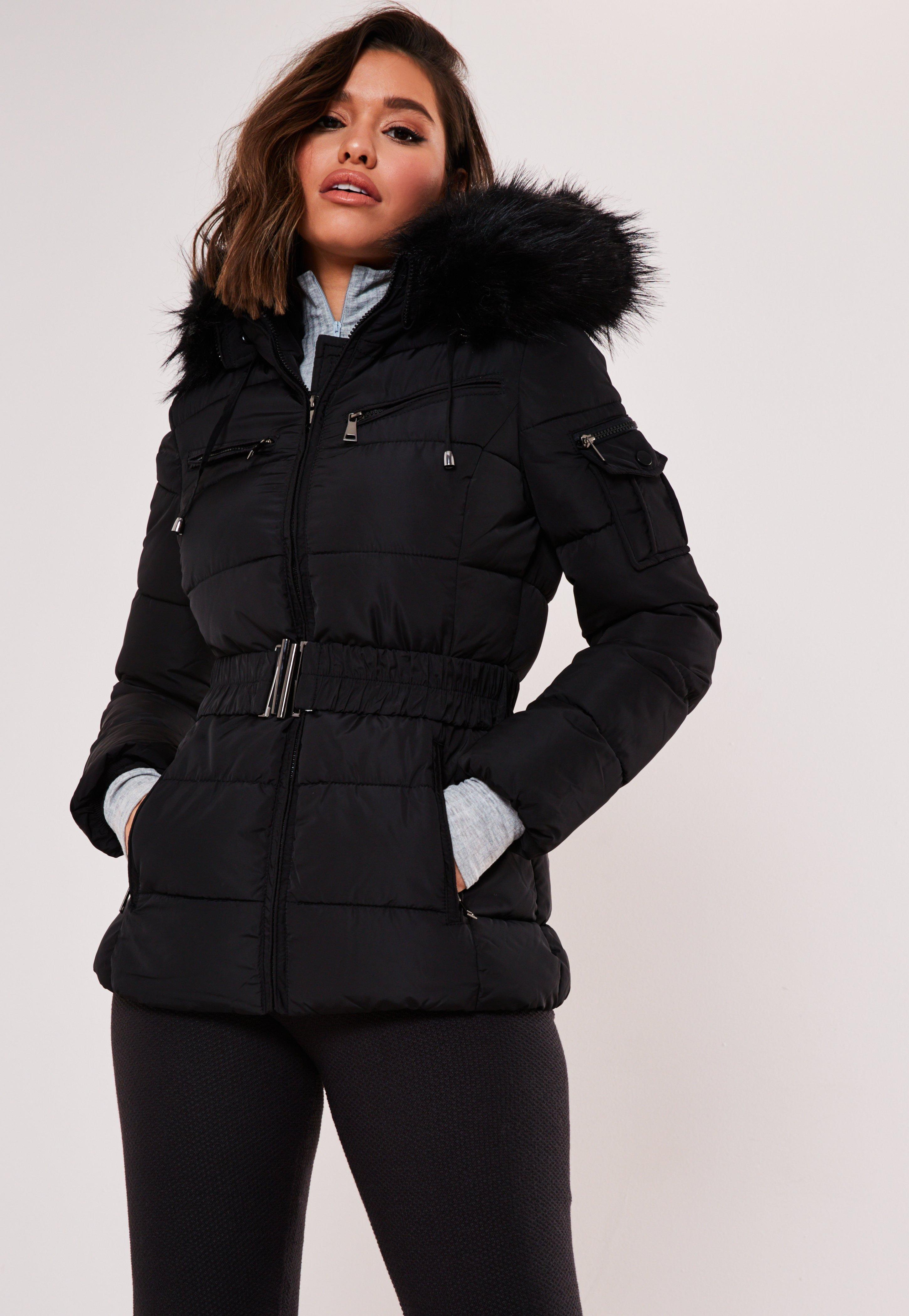 Missguided Synthetic Premium Black Belted Faux Fur Hooded Puffer Jacket -  Lyst