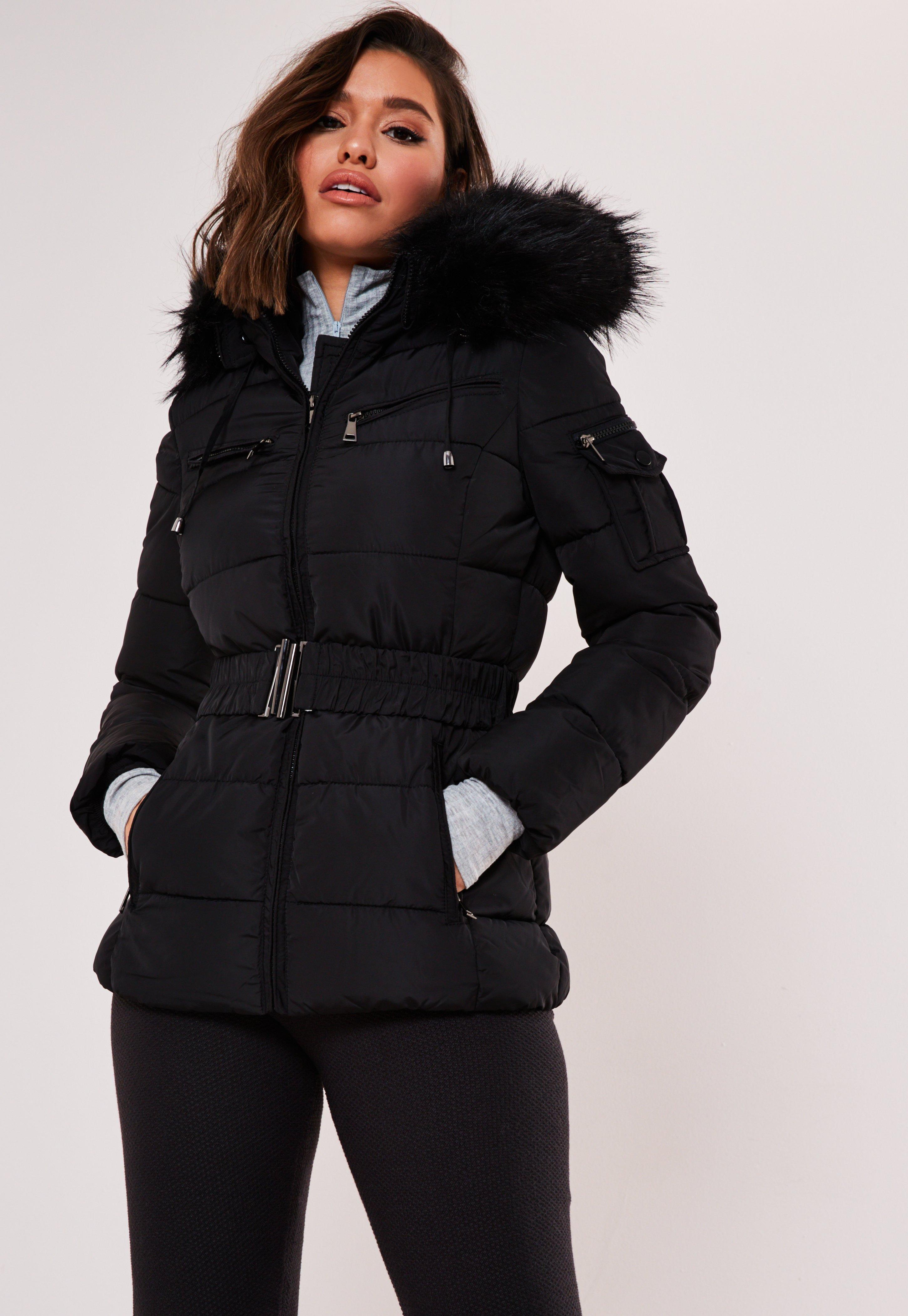faux fur hooded belted puffer coat