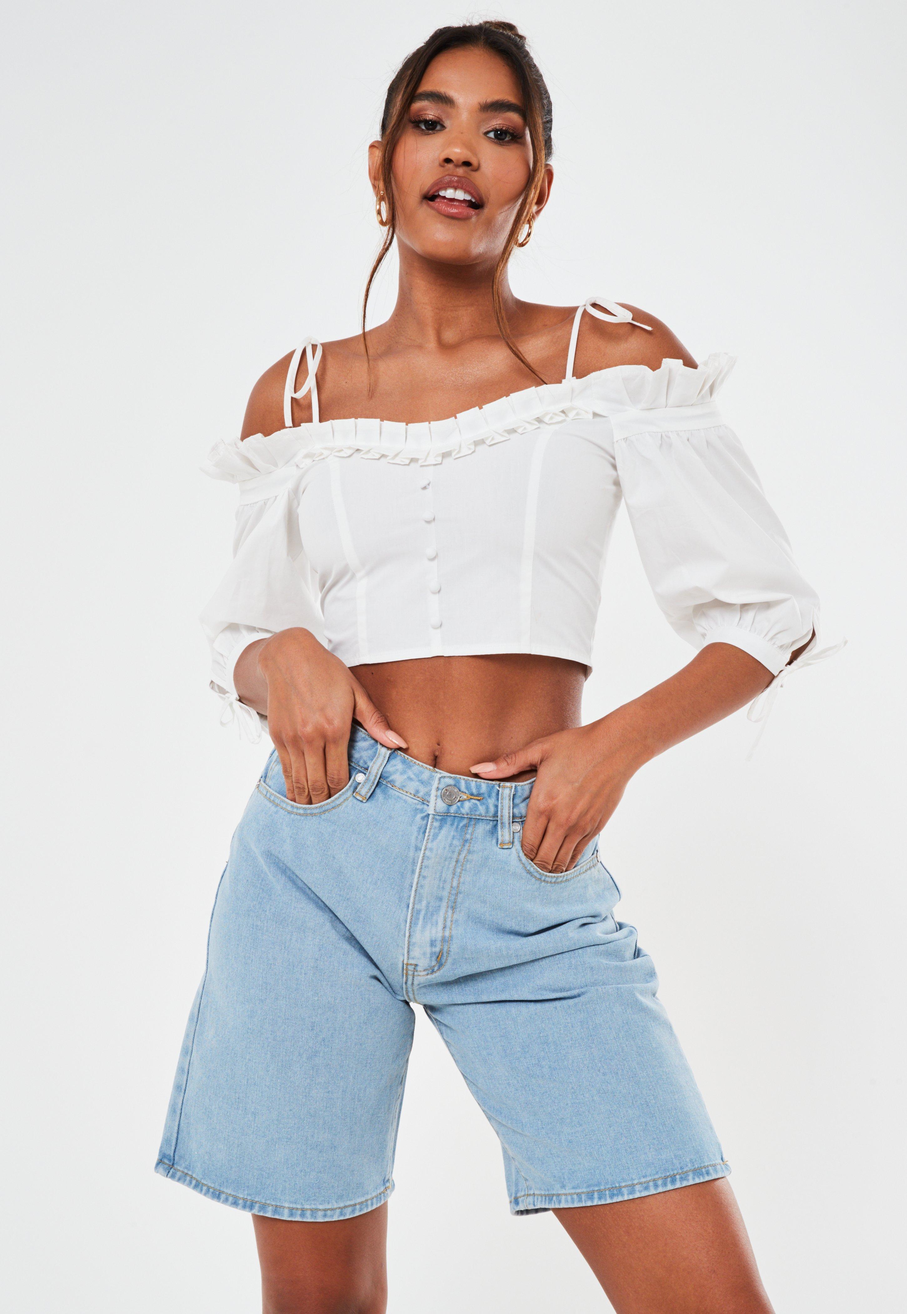 white bardot ruffle top