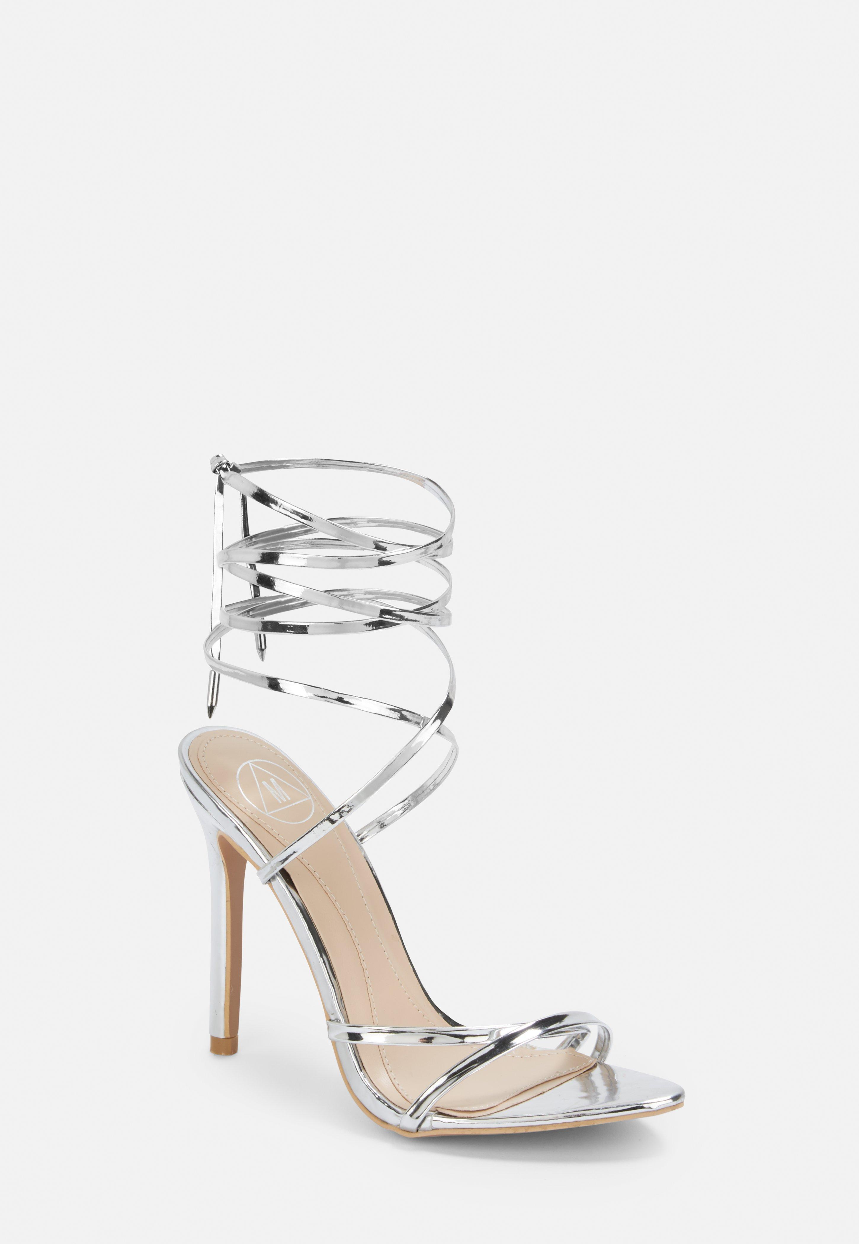 Missguided Silver Lace Up Barely There Heels in Metallic - Lyst