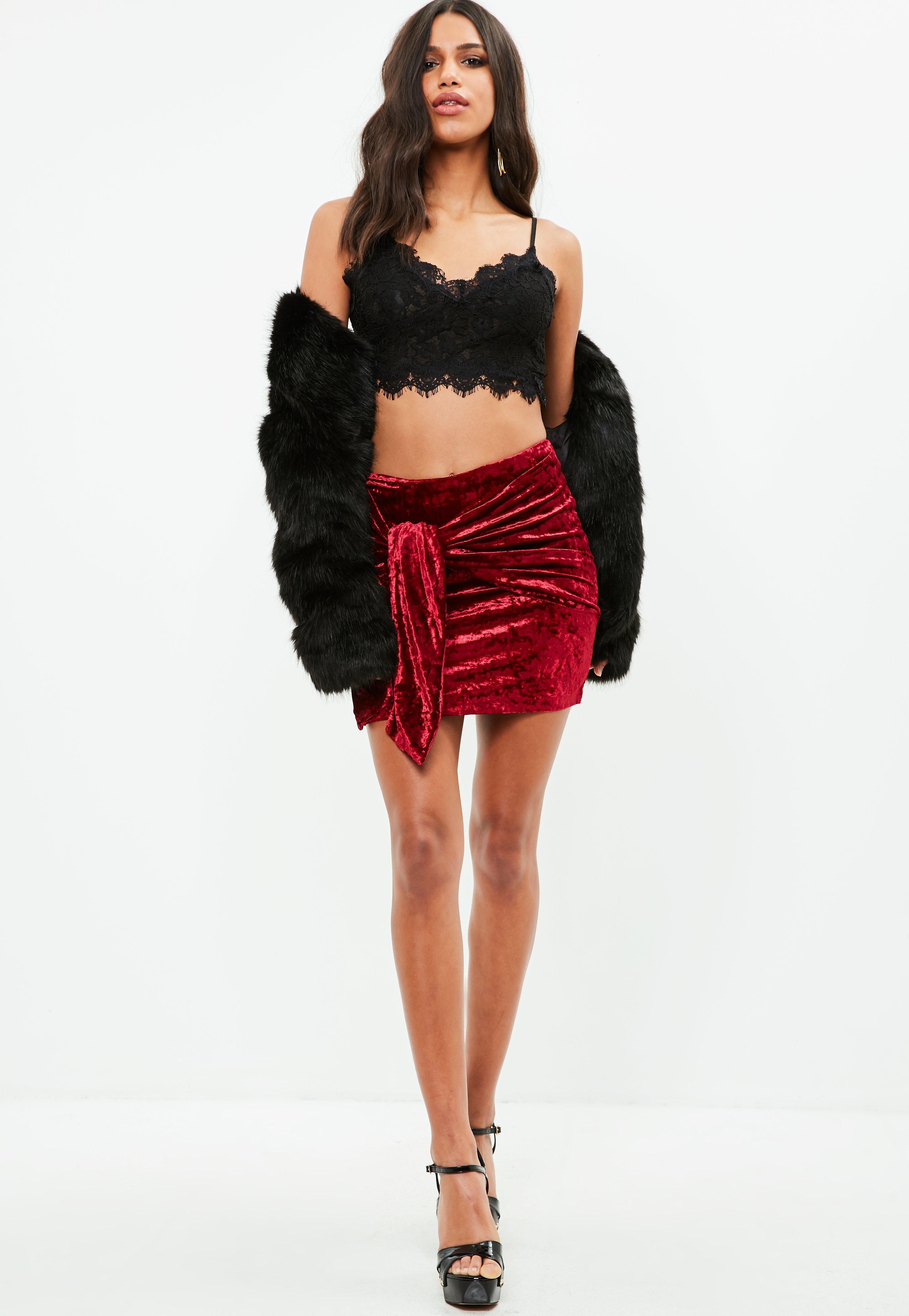 Missguided Red Velvet Tie Front Mini Skirt Lyst
