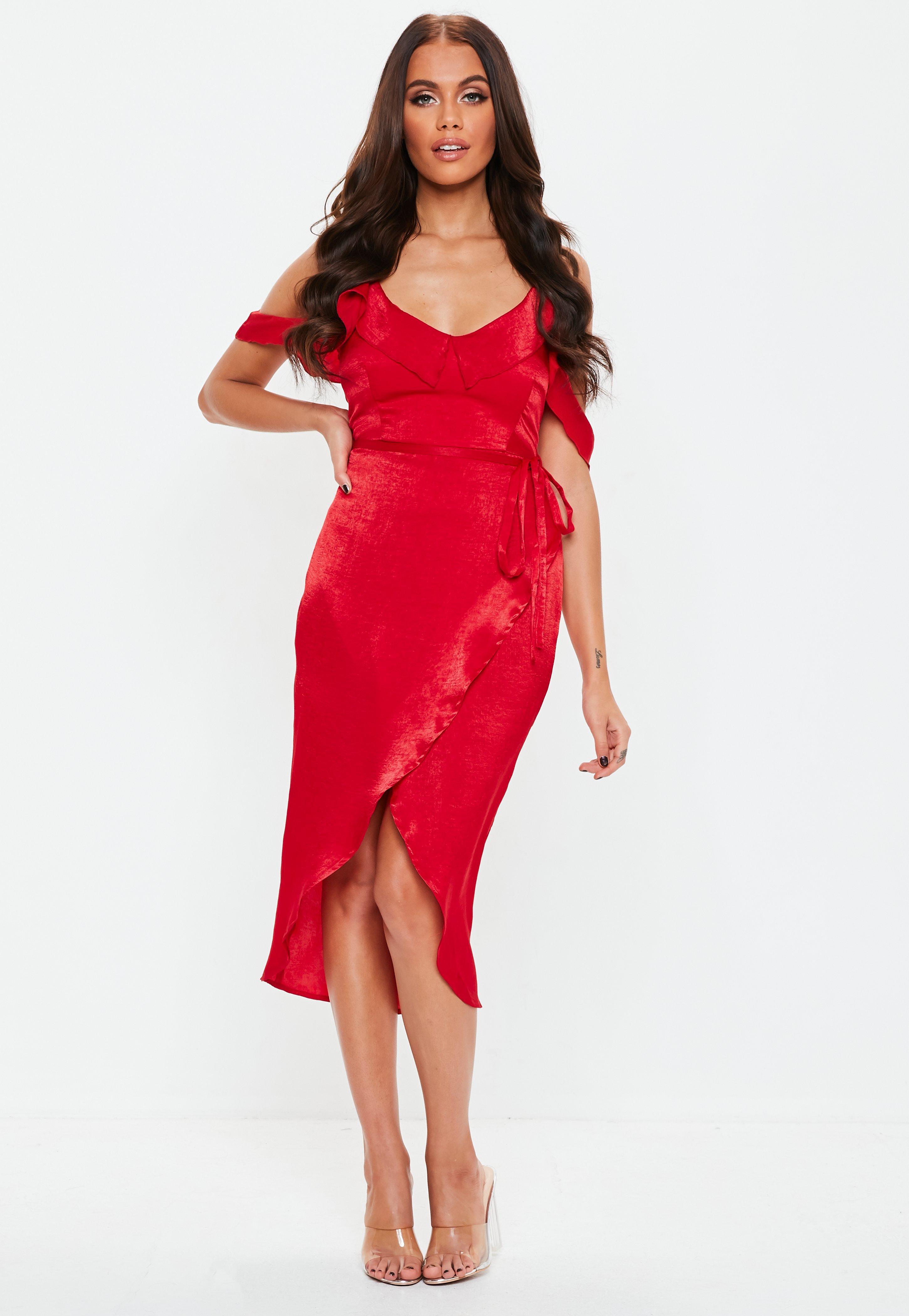 satin frill midi dress