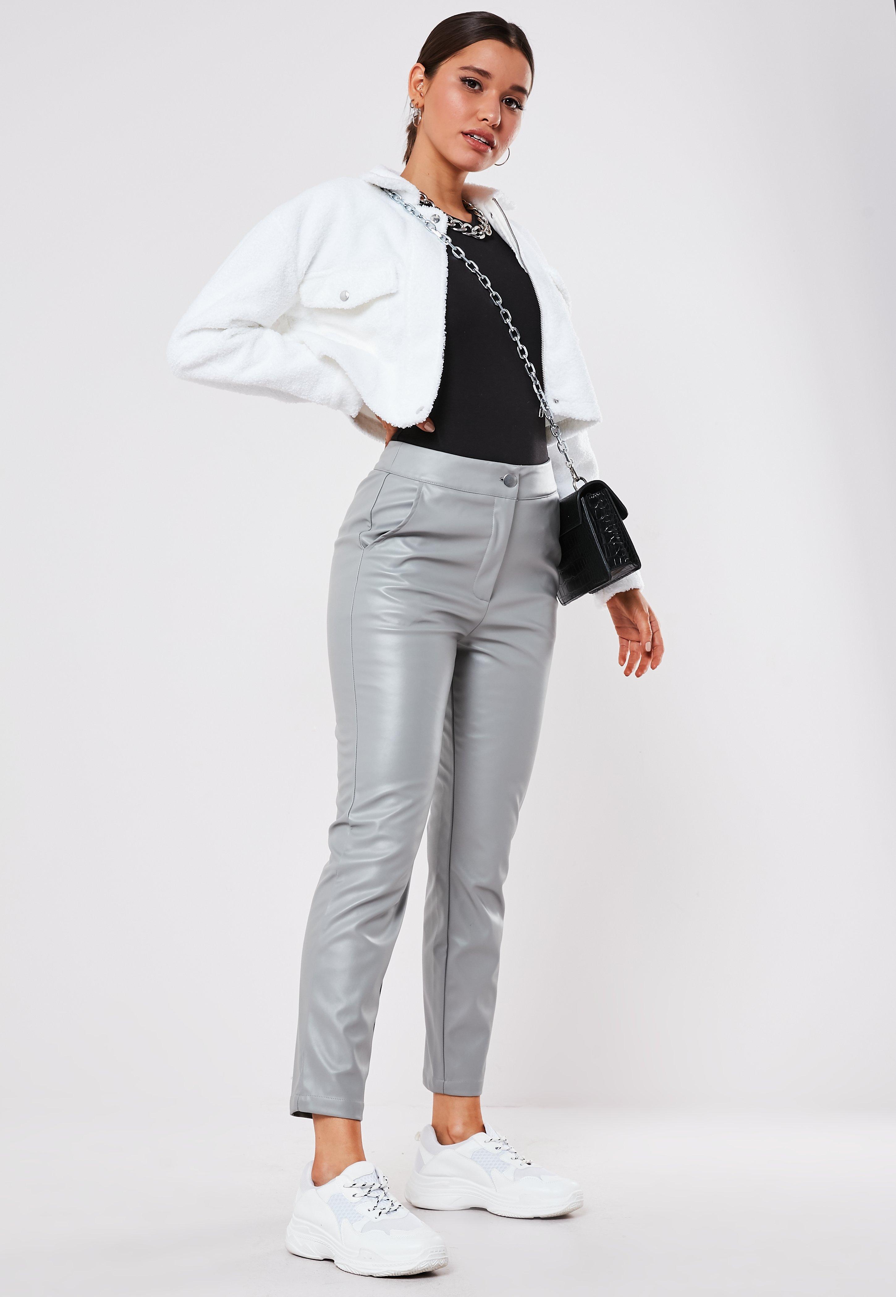 grey faux leather trousers