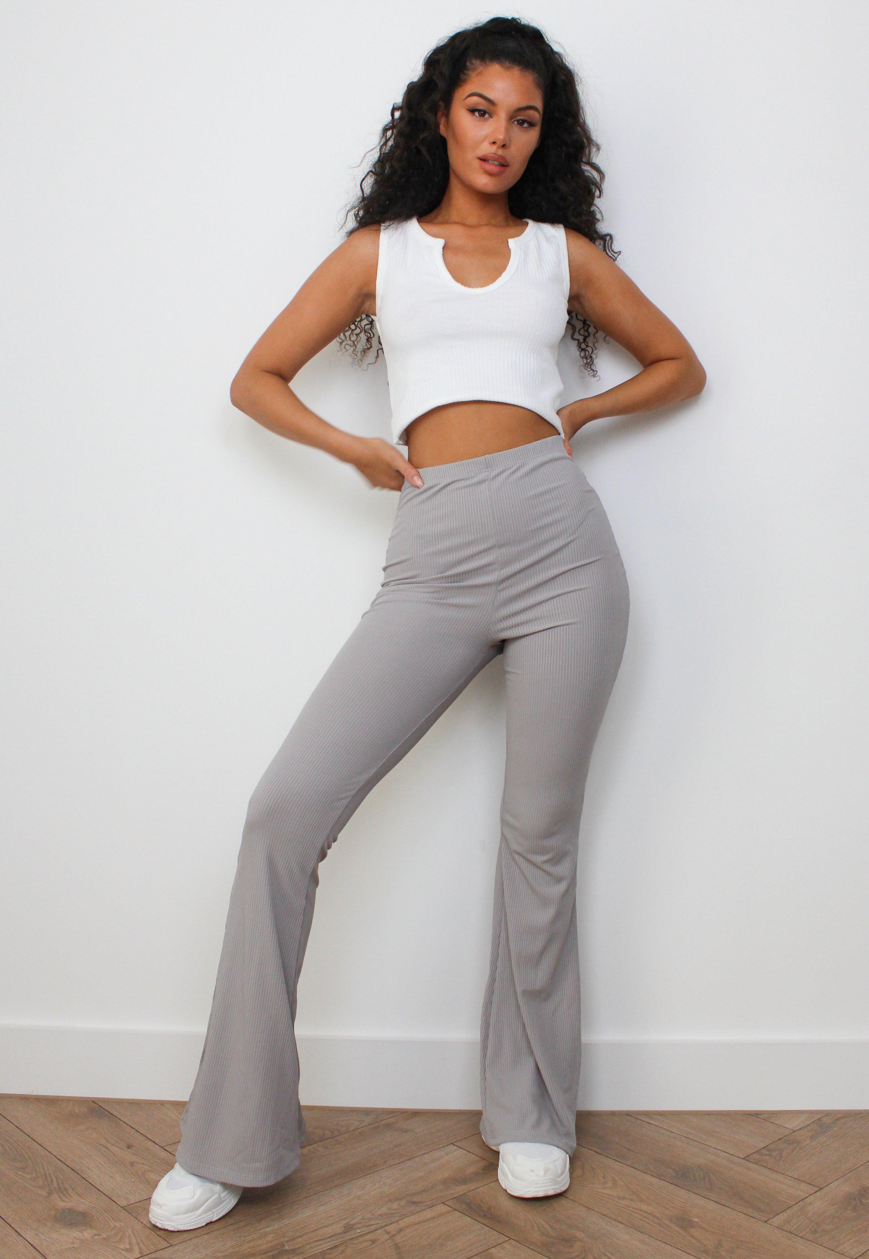 Missguided Synthetic Rib Flared Trousers in Grey (Gray) - Lyst