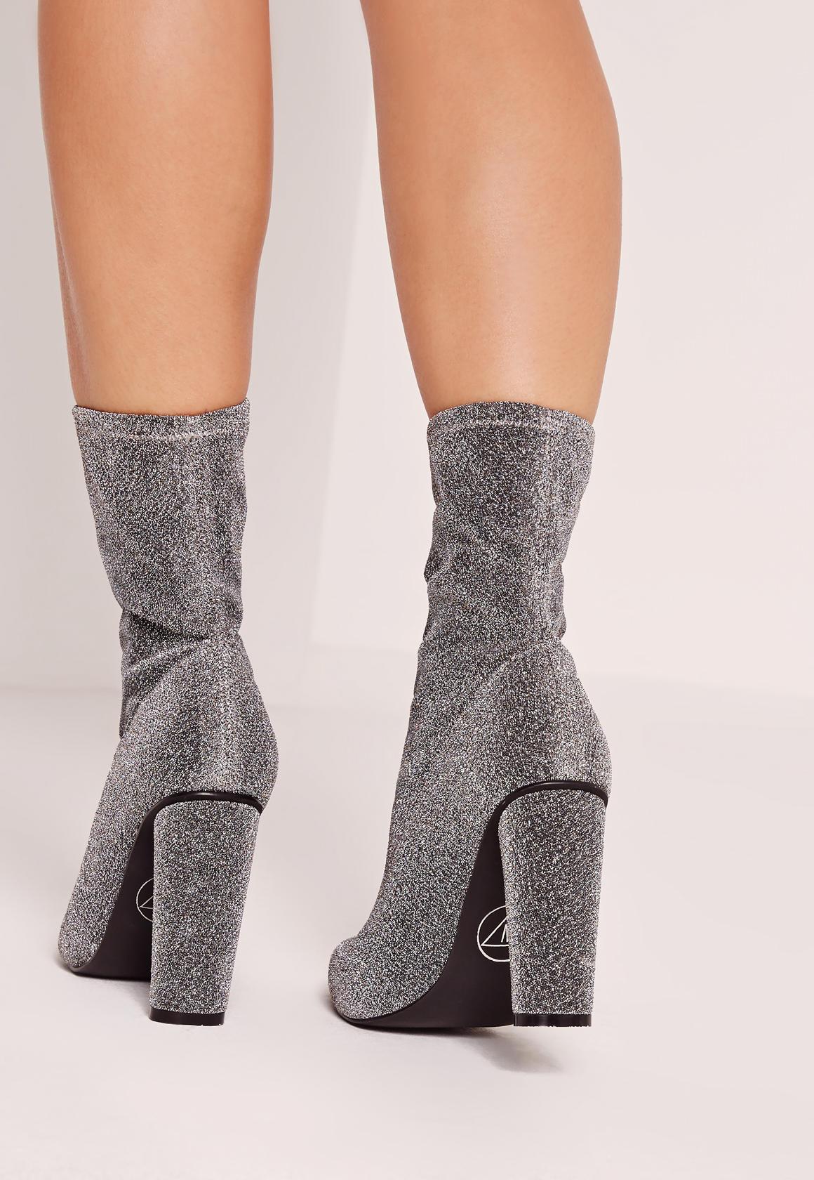 Missguided Glitter Sock Boots Silver in 