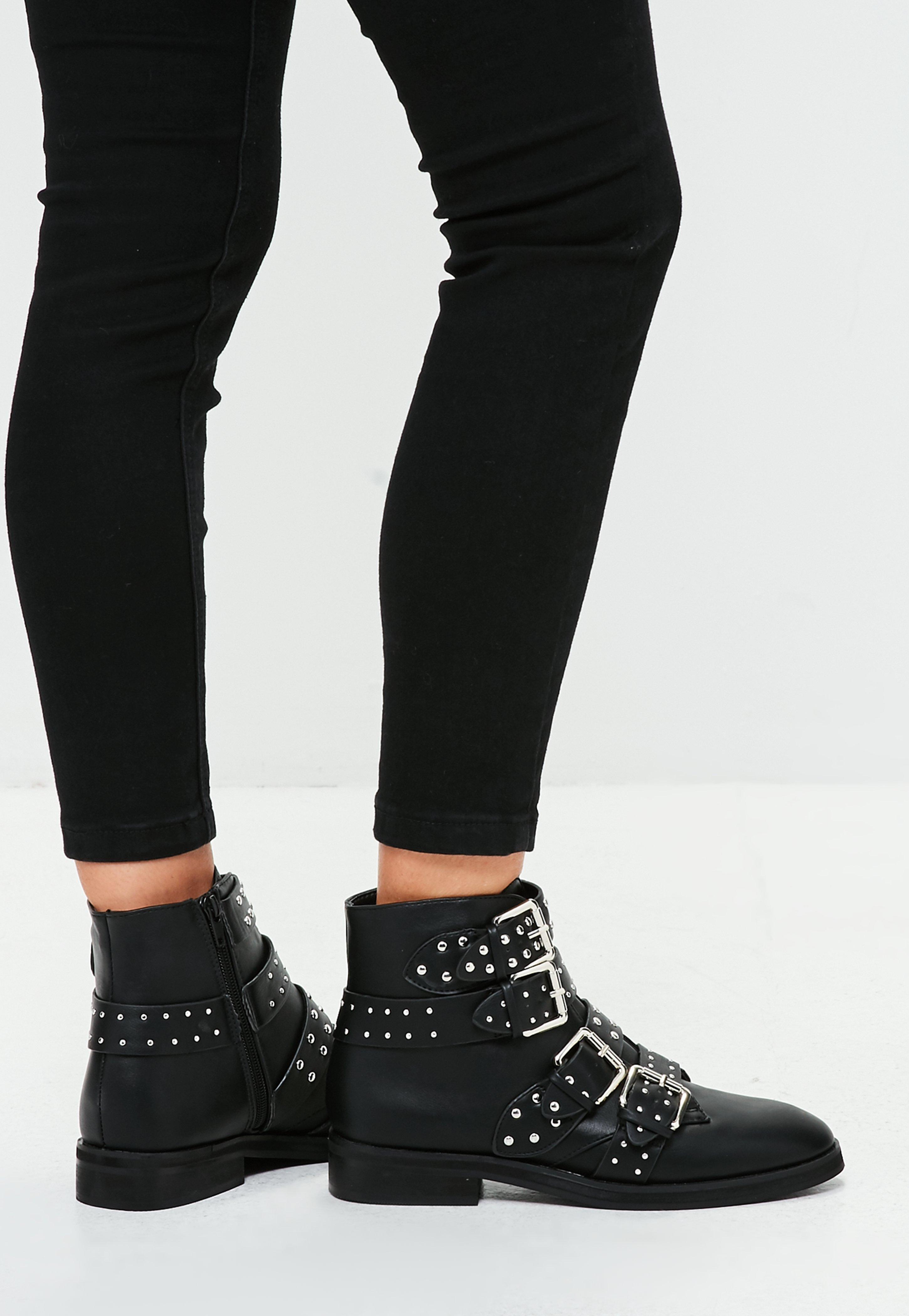Missguided Black Studded Four Buckle Strap Ankle Boots Lyst