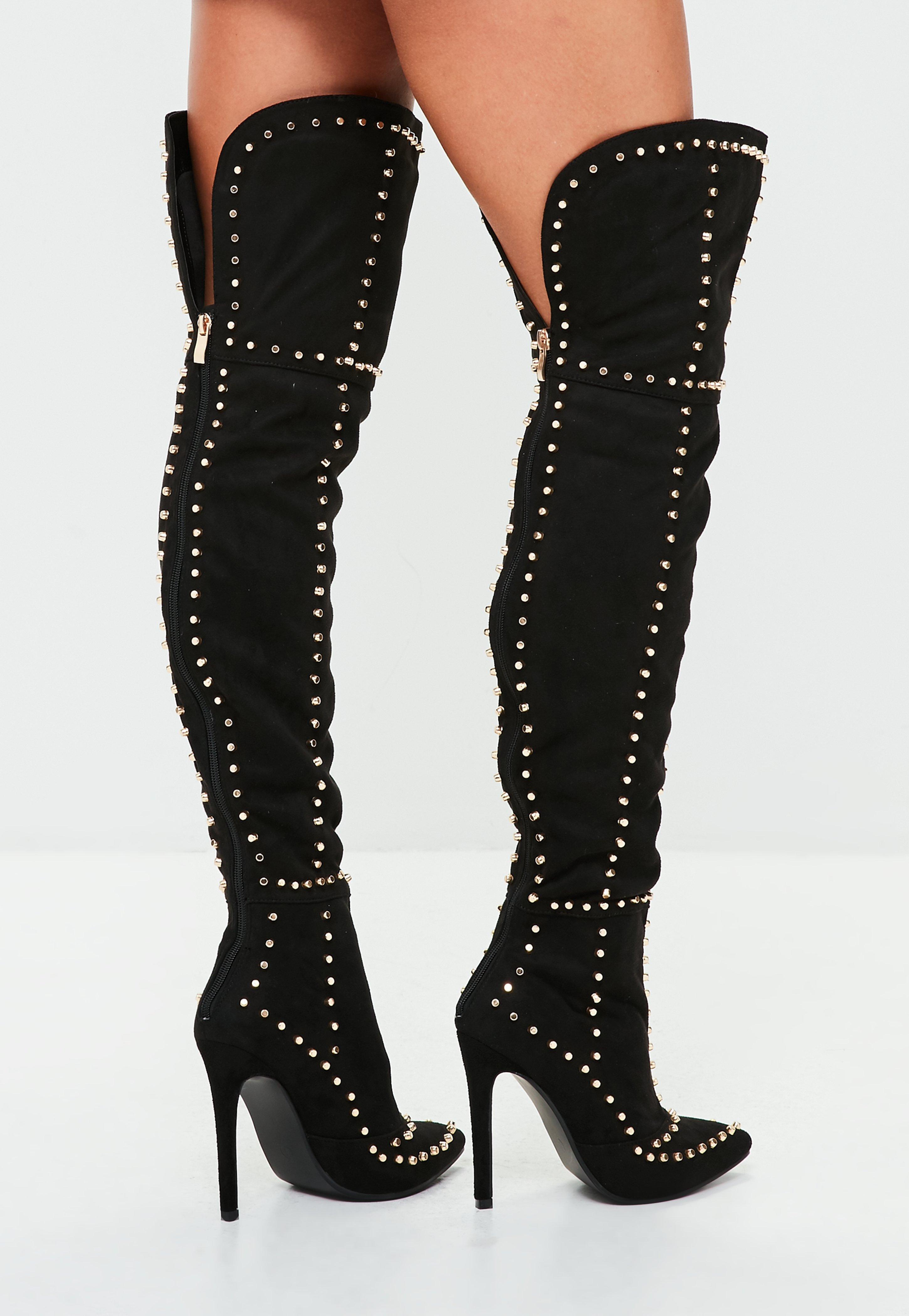 Missguided Black Multi Studded Thigh High Boots - Lyst