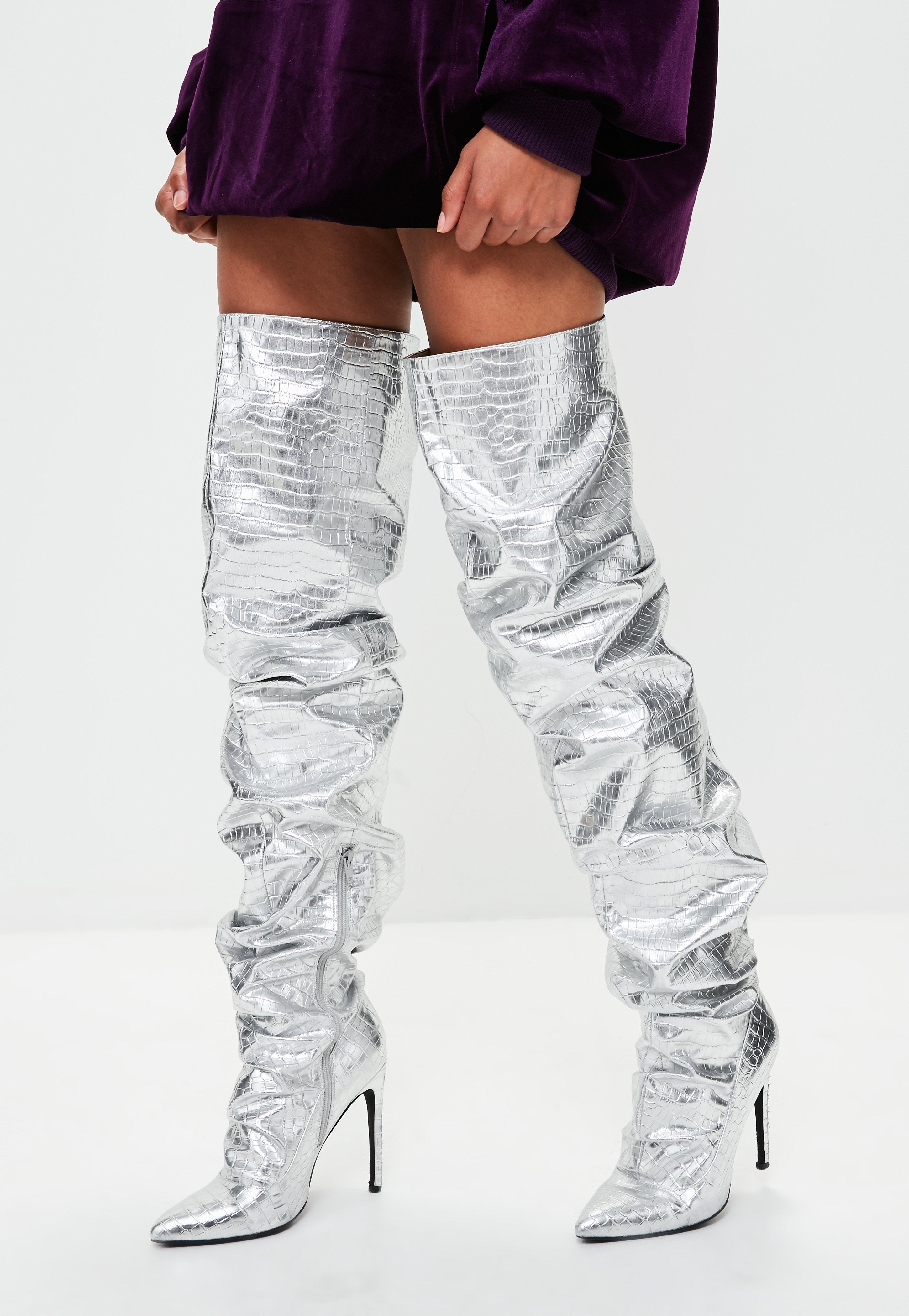 thigh high metallic silver boots