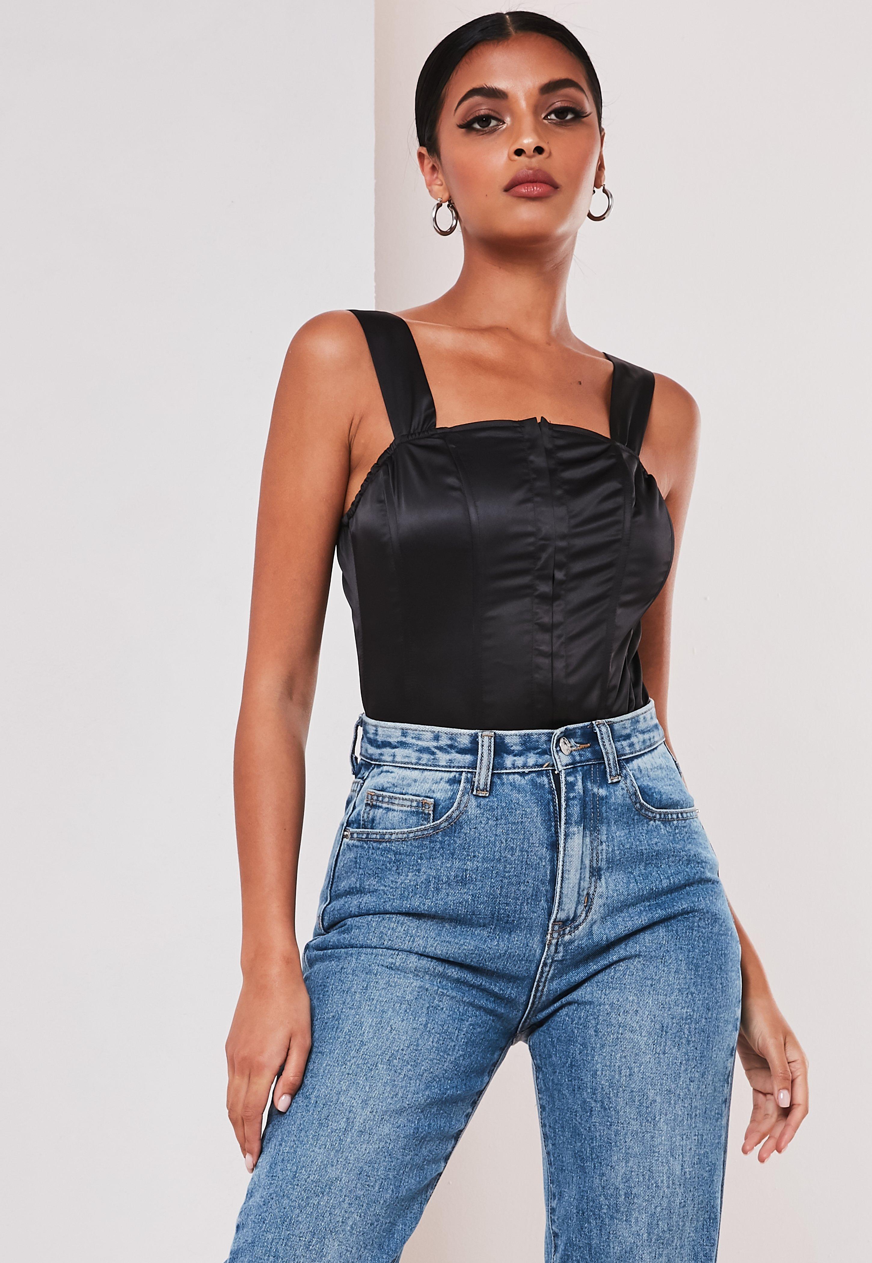 picture Crop Corset Tops With Straps black satin wide strap corset top