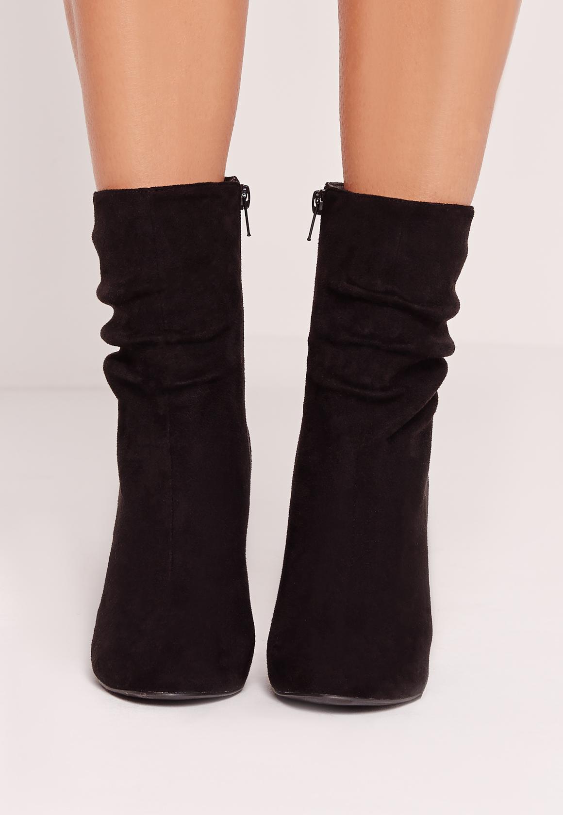 Lyst - Missguided Black Faux Suede Ruched Flared Heel Ankle Boots in Black