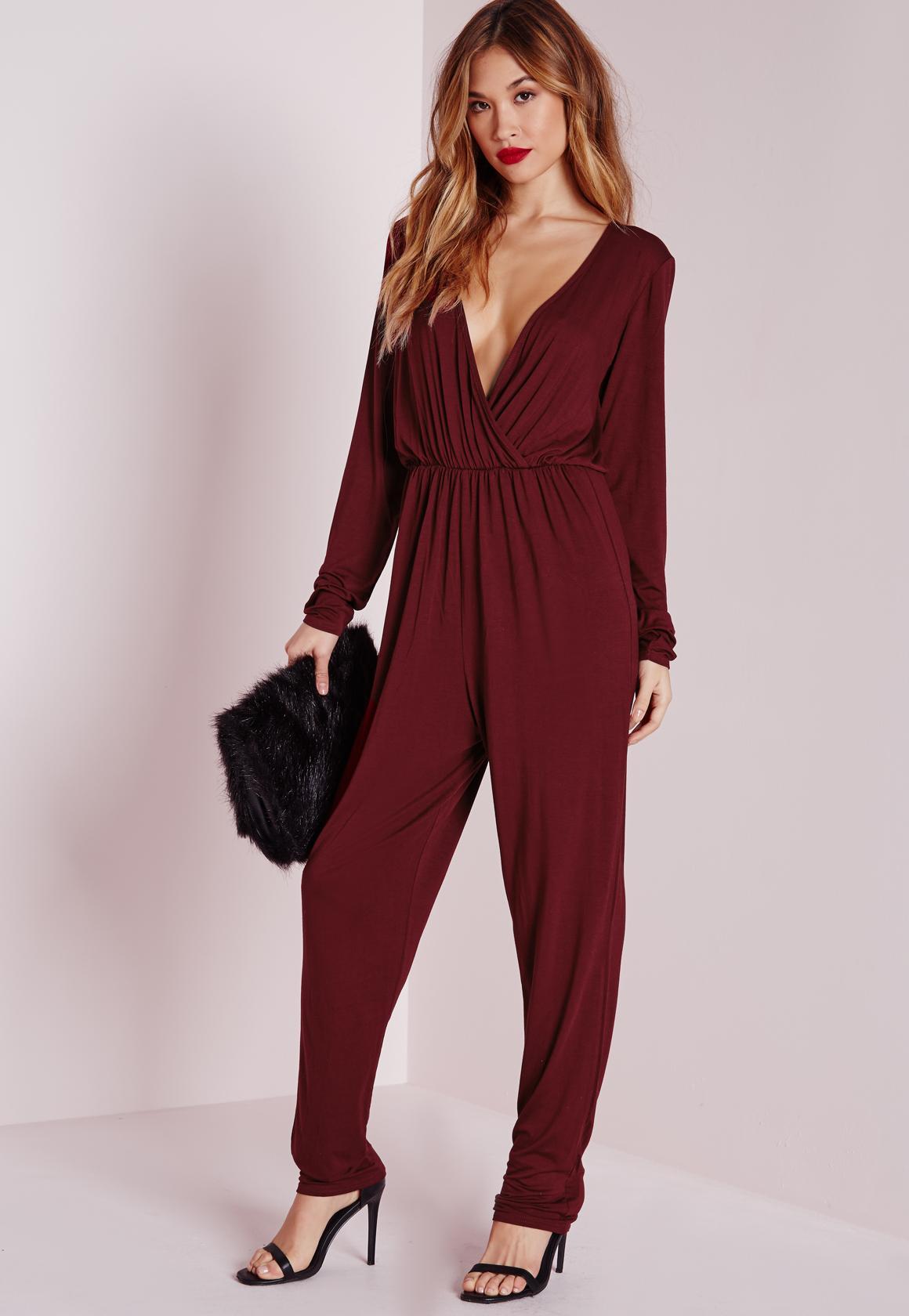 Lyst - Missguided Wrap Long Sleeve Jumpsuit Burgundy in Red