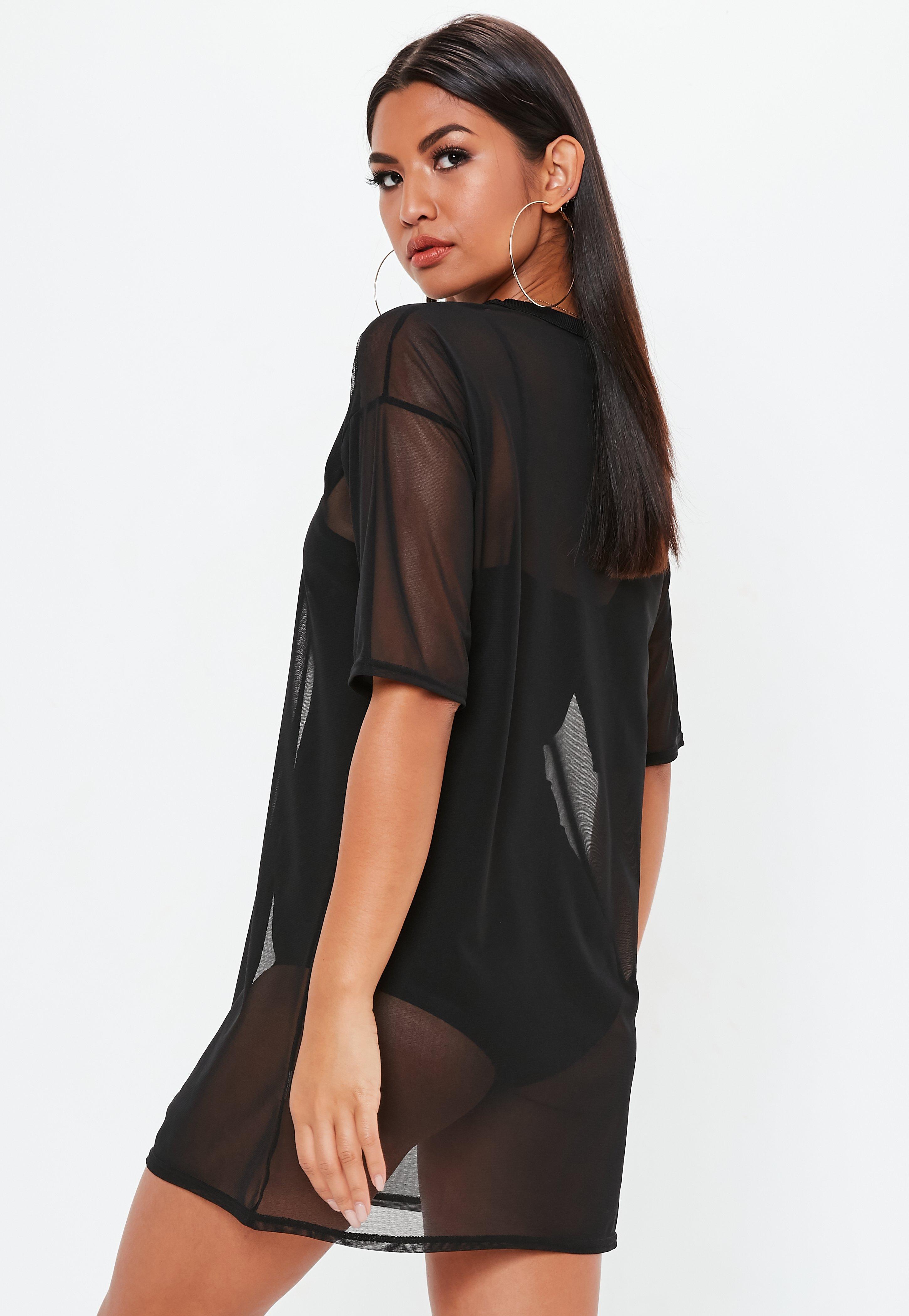 Missguided Synthetic Black Oversized Mesh T Shirt Dress Lyst