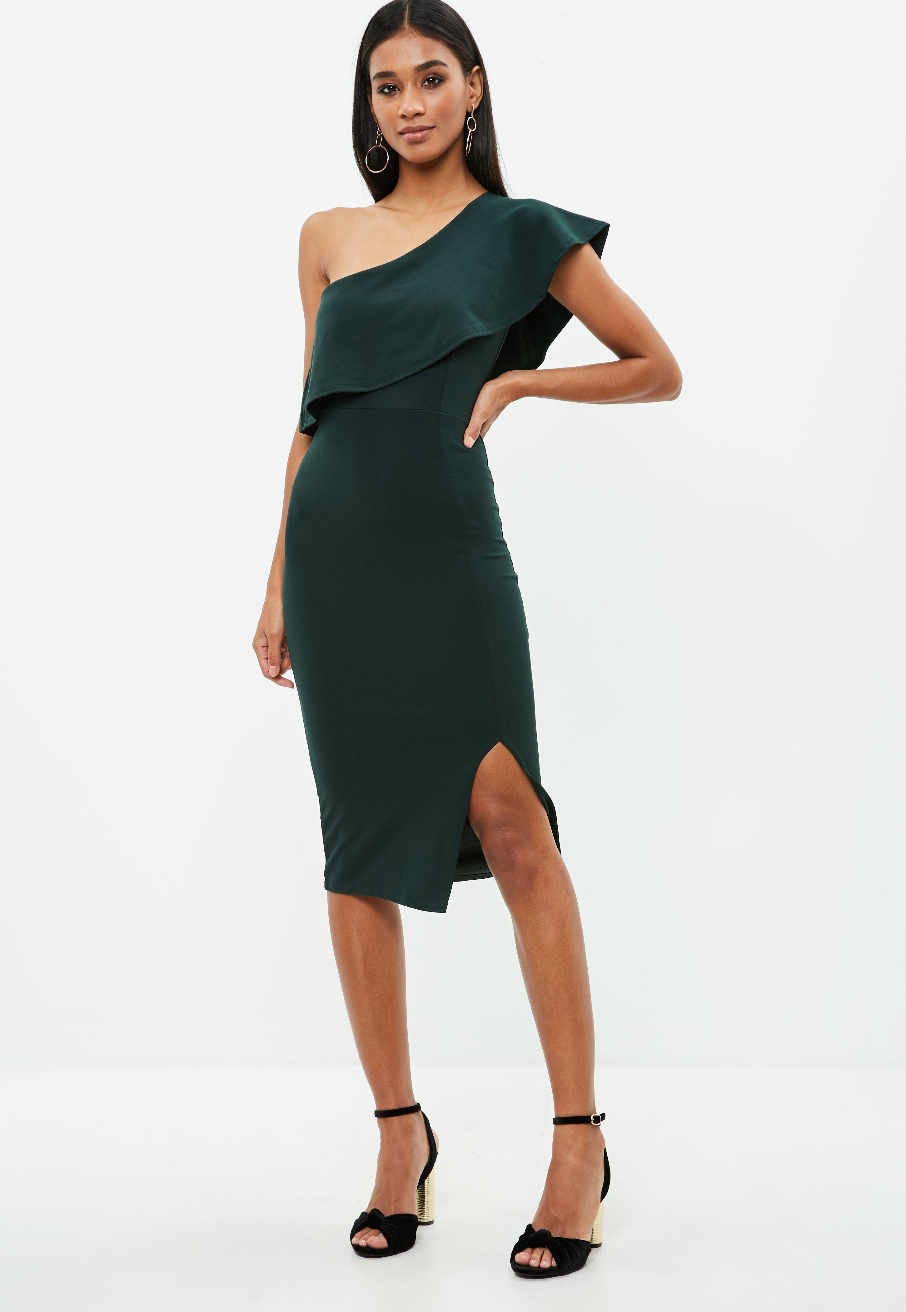 Missguided Synthetic Green One Shoulder Frill Split Midi Dress - Lyst