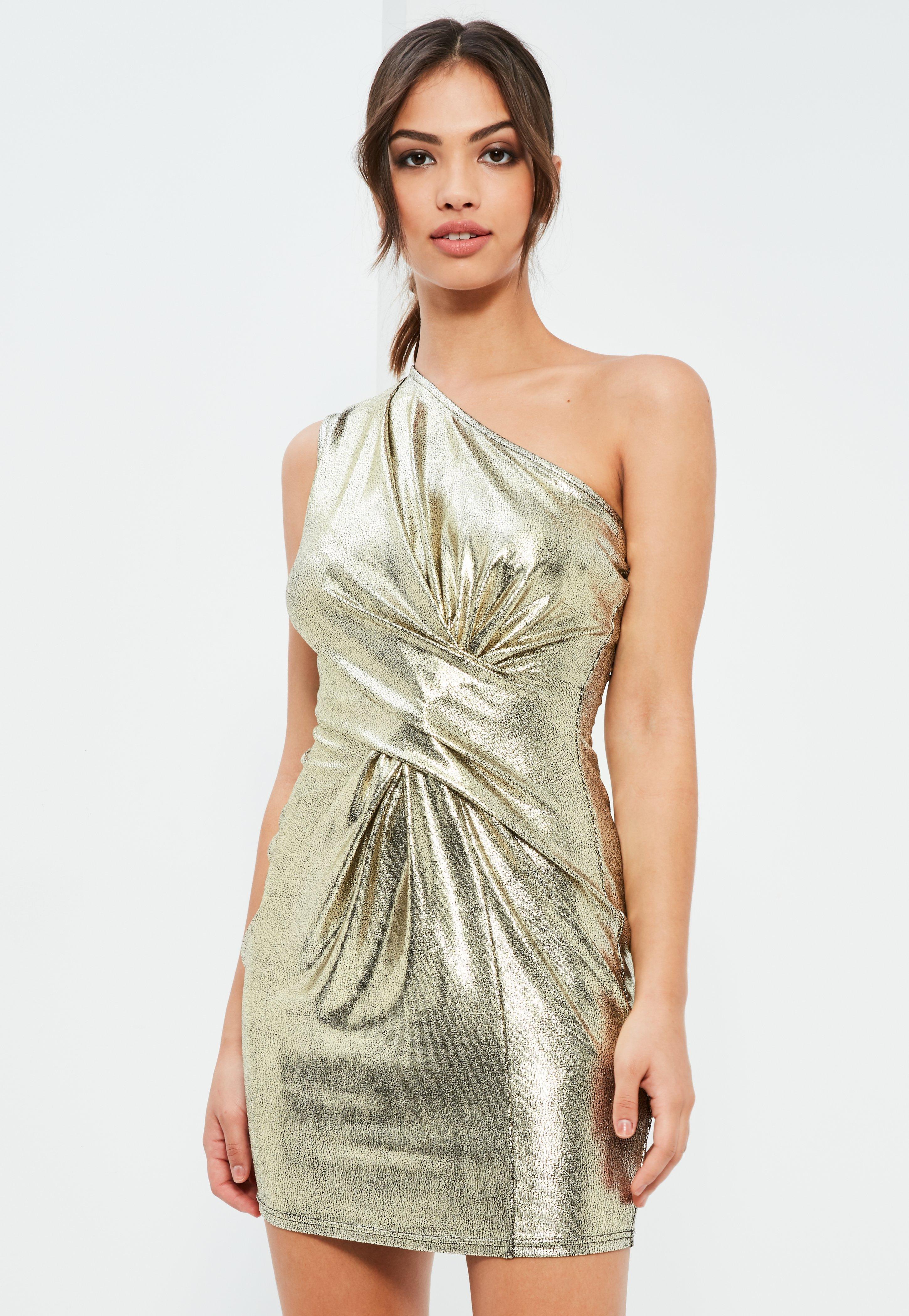 Missguided Gold Foiled One Shoulder Bodycon Dress in