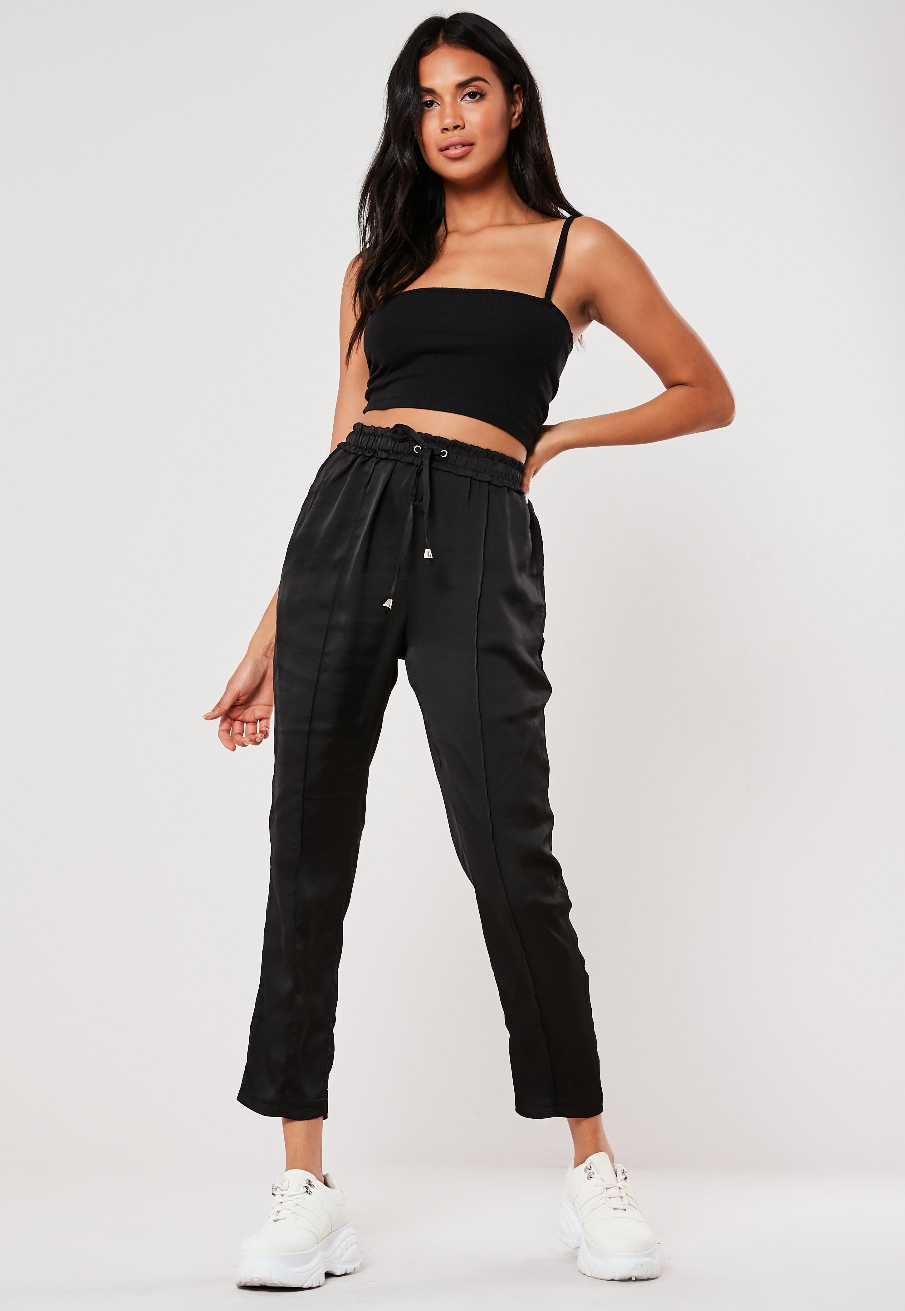 black satin cigarette trousers
