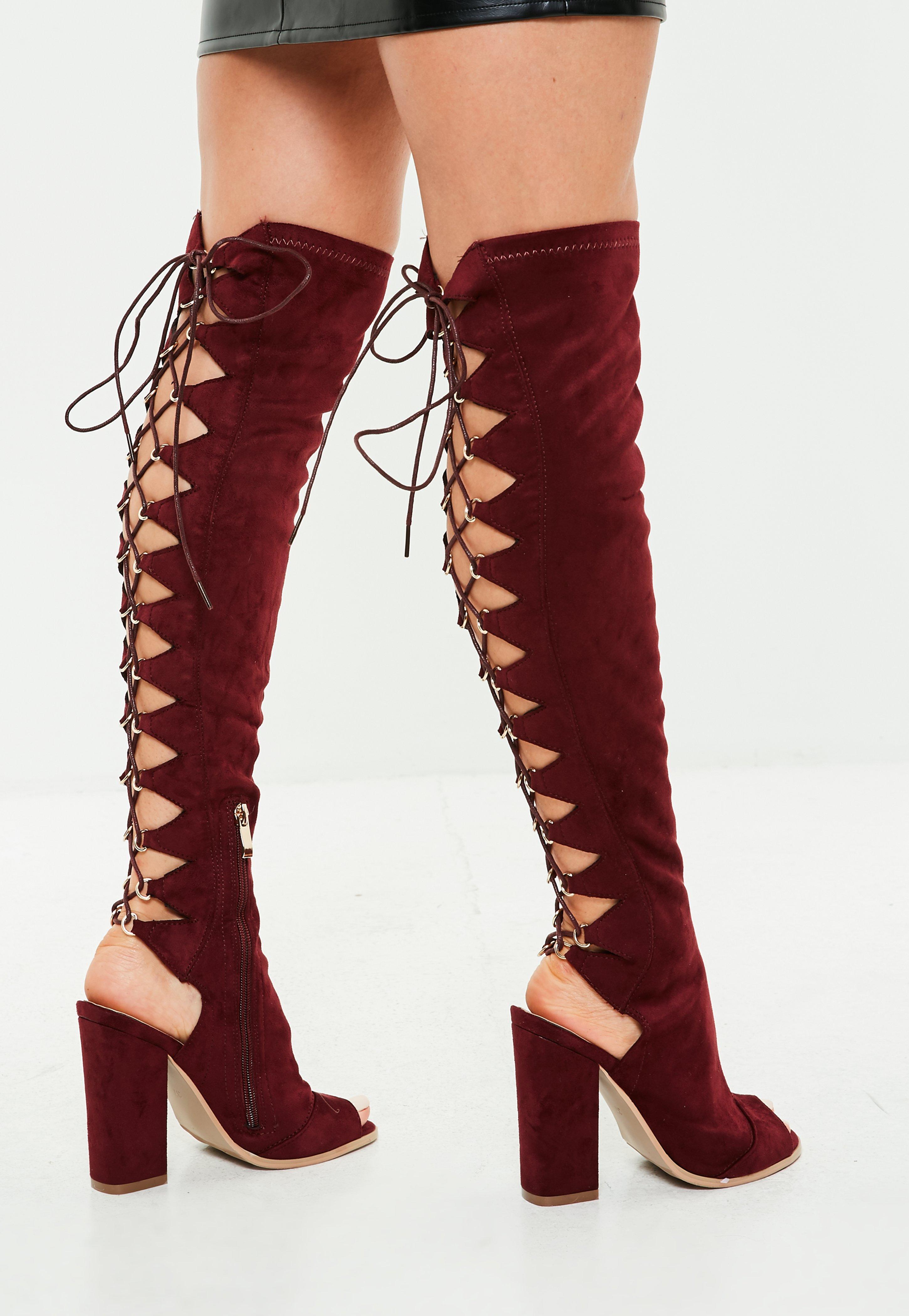 Missguided Burgundy Lace Up Thigh High Boots in Red - Lyst