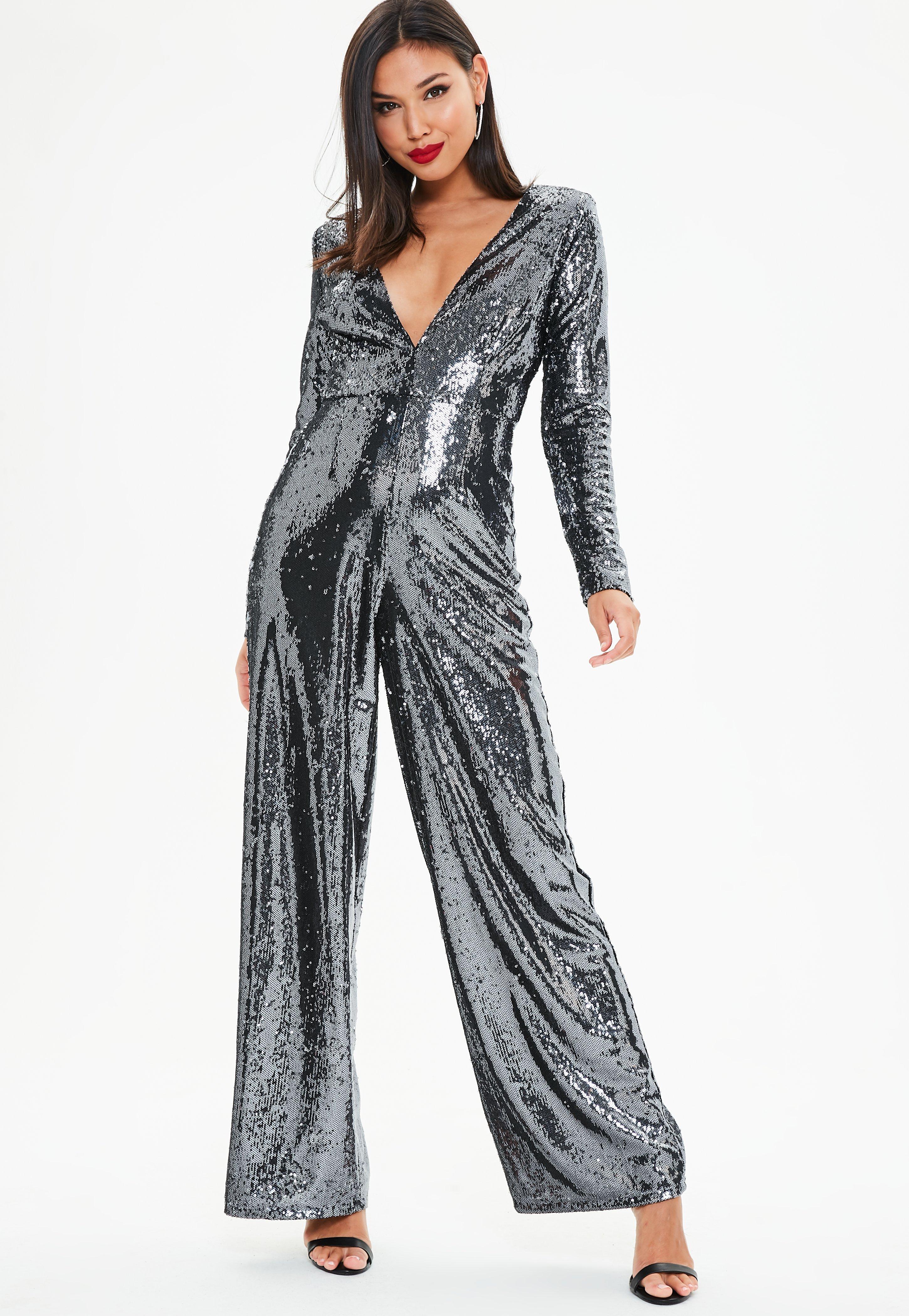 Missguided Synthetic Black Plunge Long Sleeve Sequin Jumpsuit - Lyst