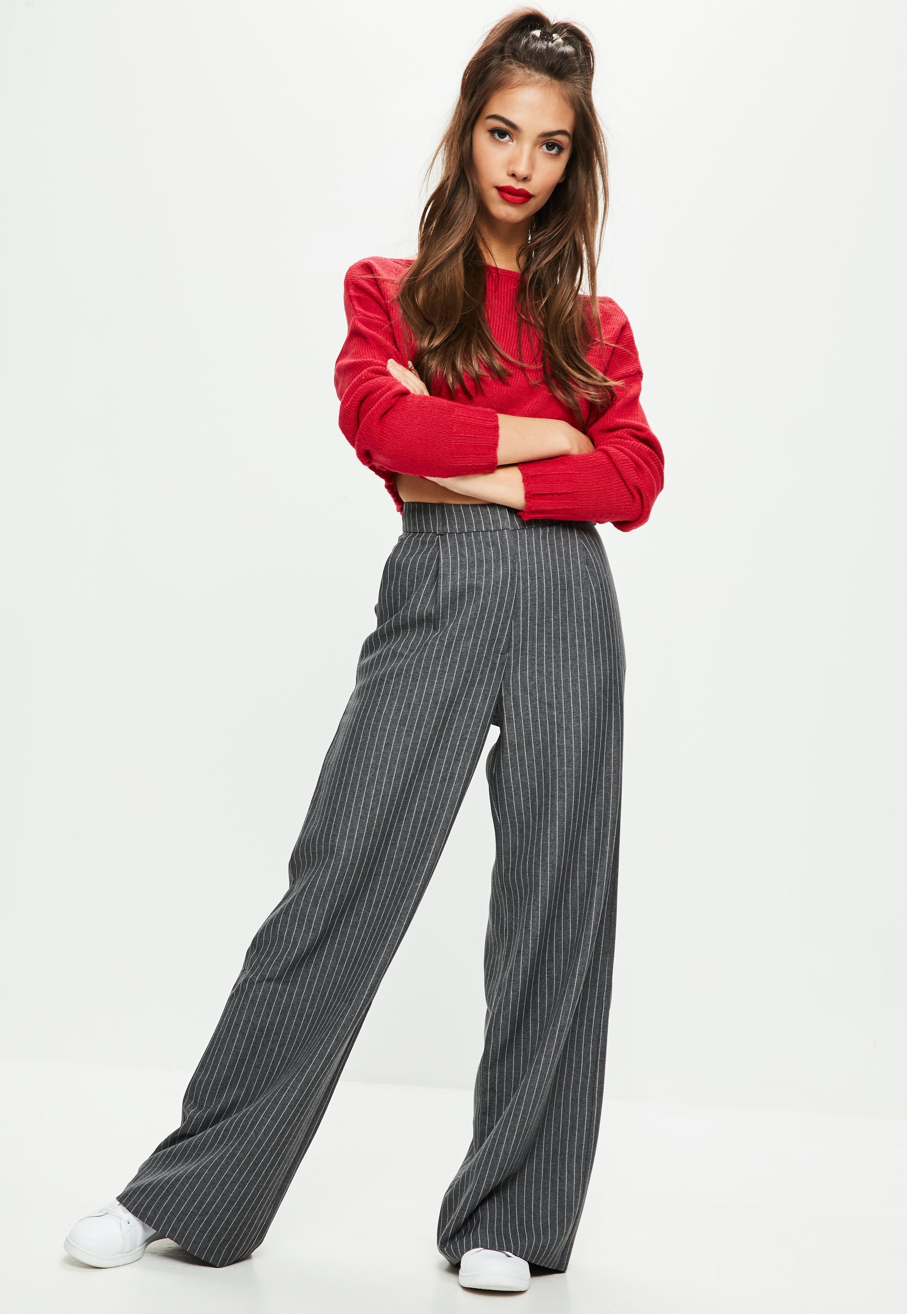 Missguided Grey Pinstripe Wide Leg Trousers in Gray - Lyst