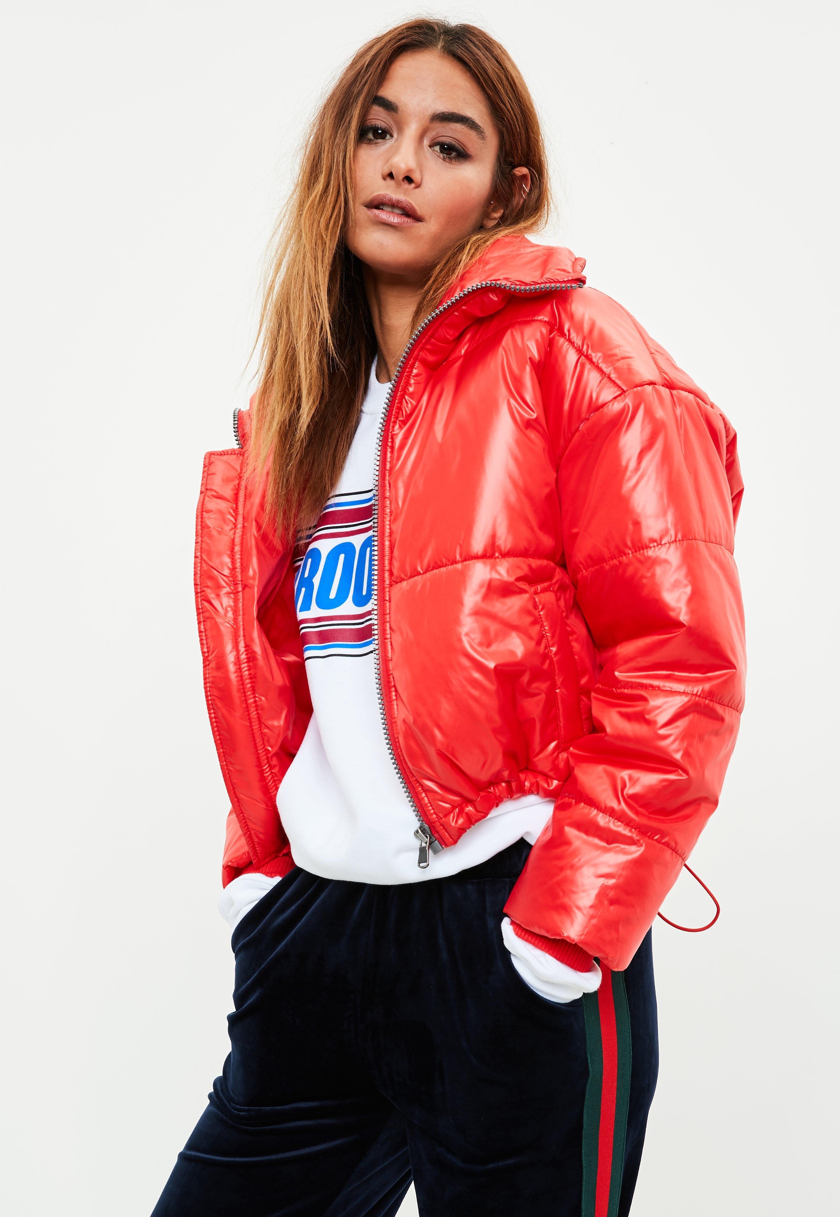 red cropped puffer jacket