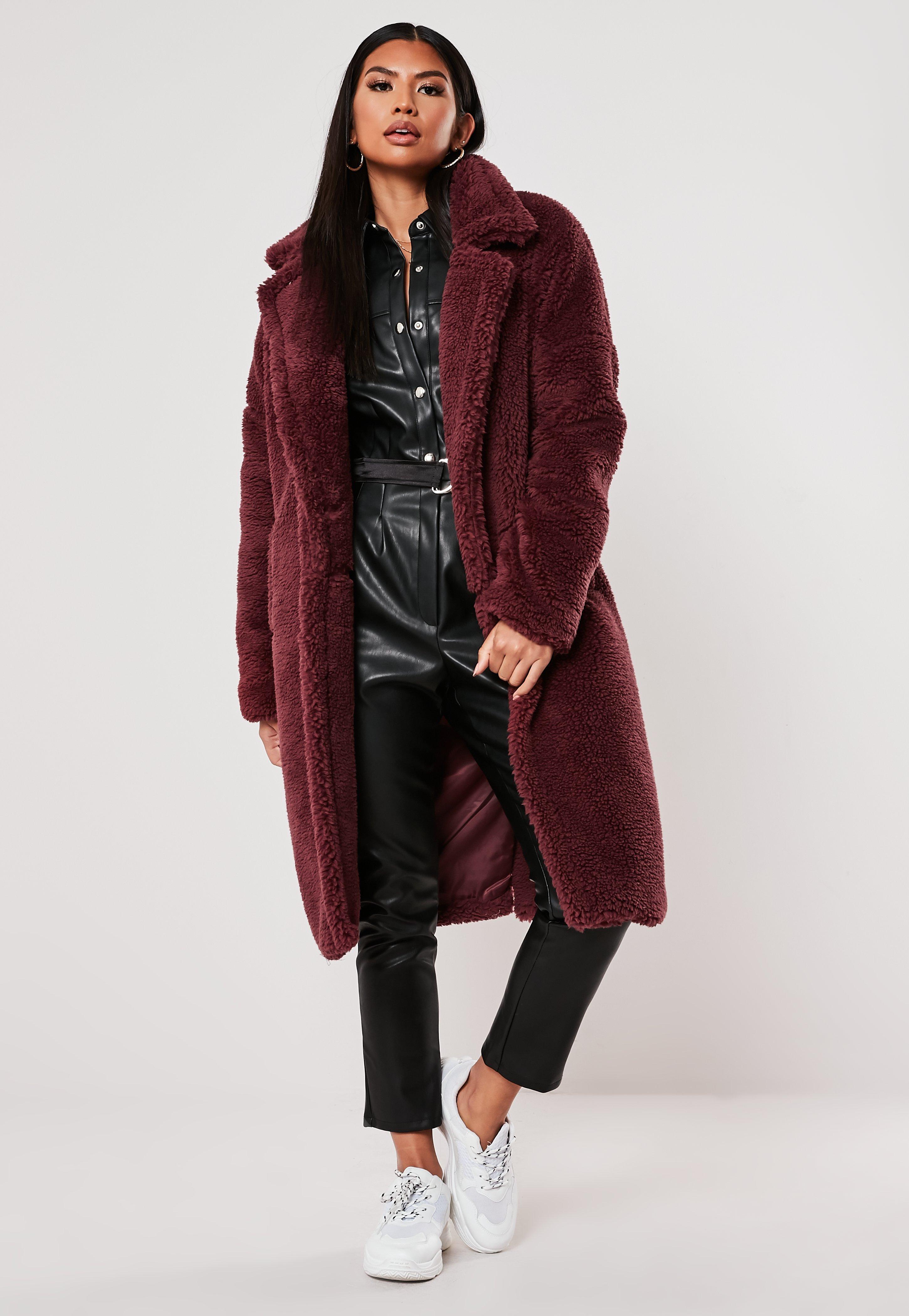 Missguided Synthetic Wine Borg Teddy Oversized Coat in Red - Lyst
