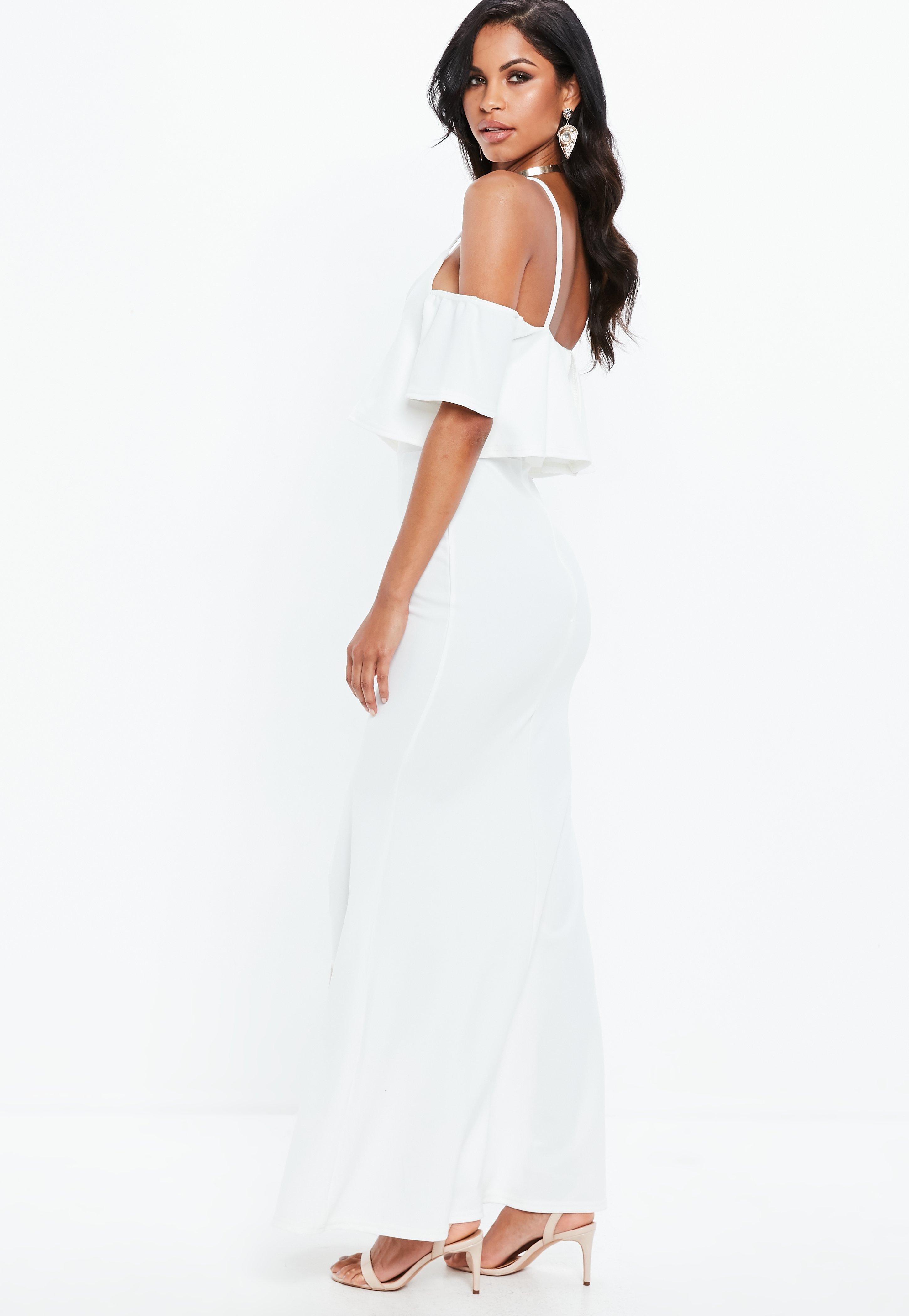 missguided off the shoulder fishtail maxi dress in white