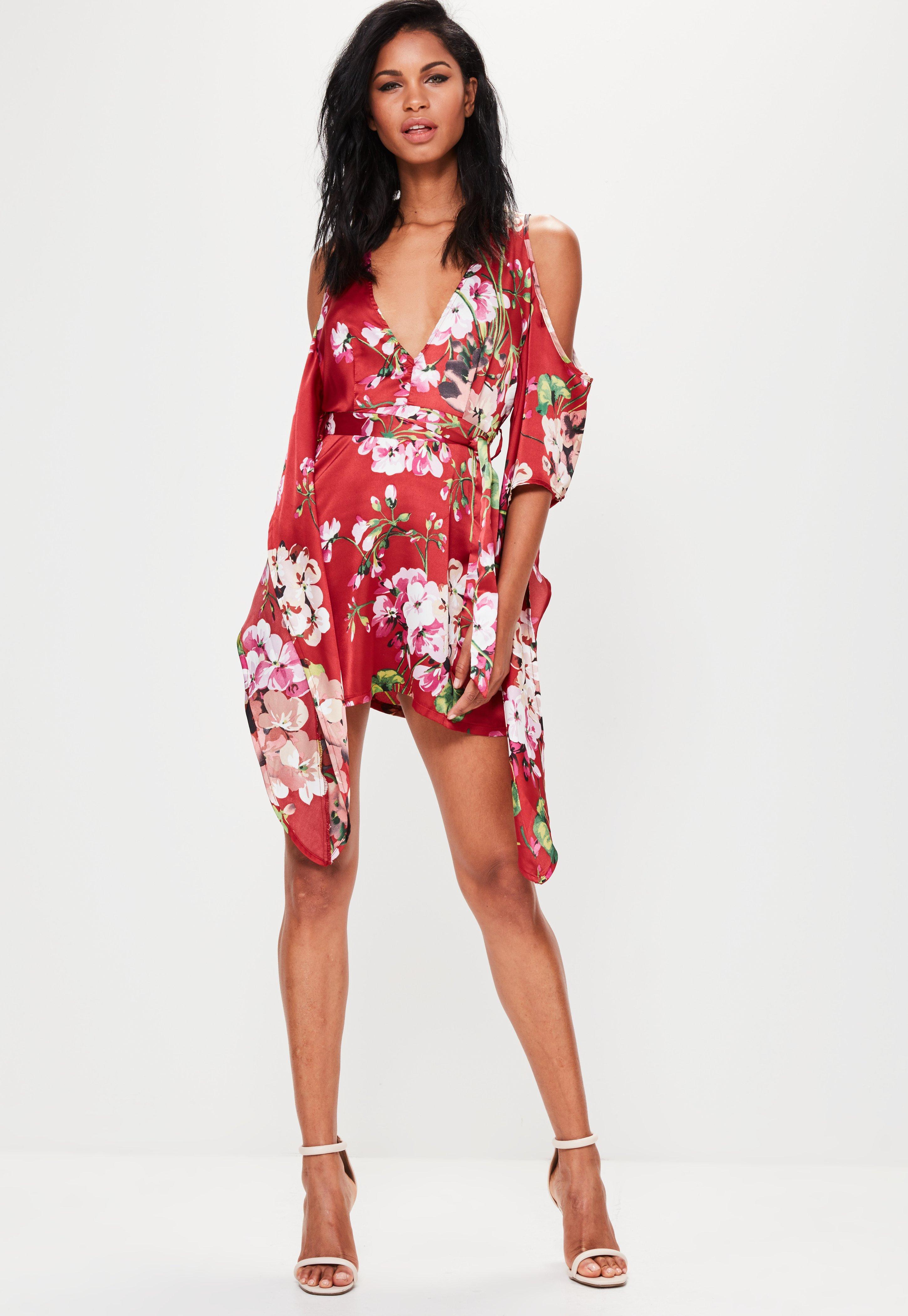 Lyst - Missguided Red Silky Floral Cold Shoulder Kimono Sleeve Shift Dress in Red
