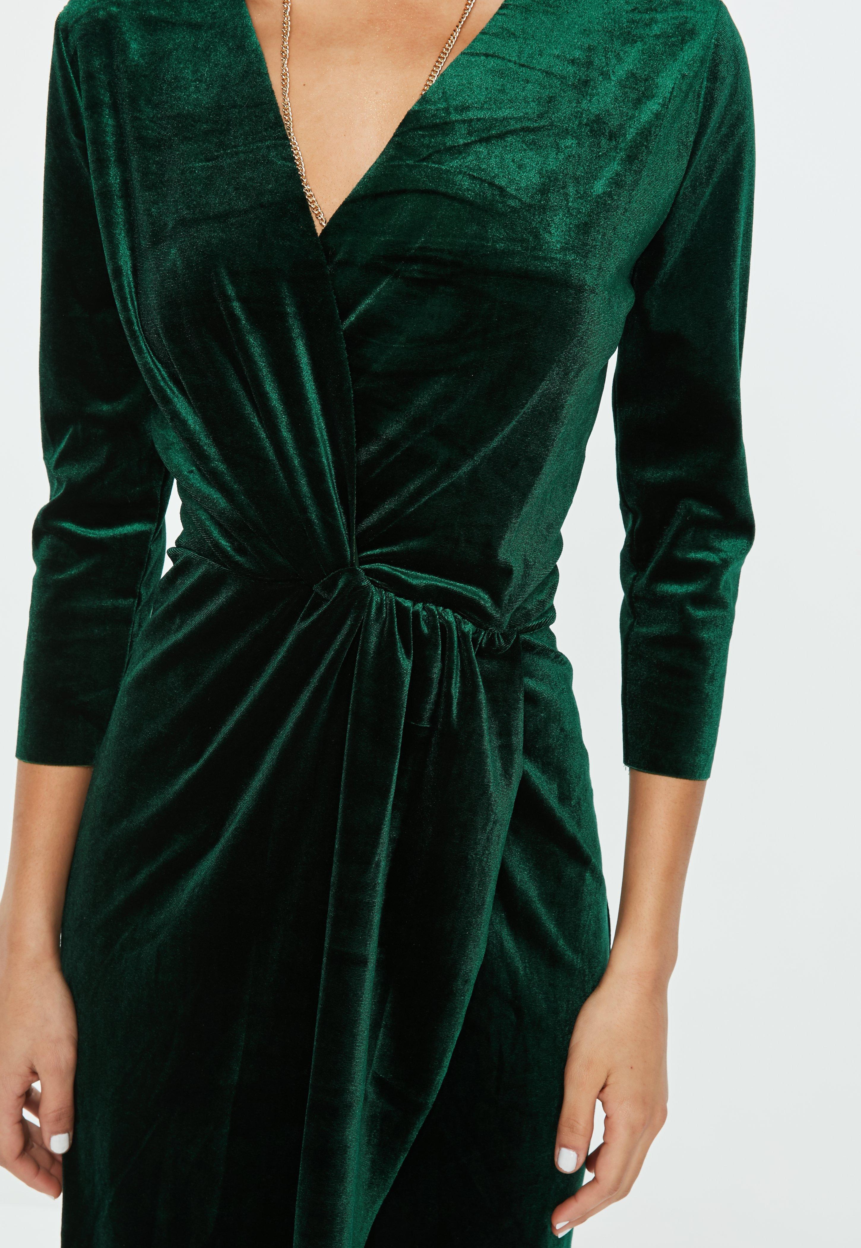 Missguided Green Knot Front Velvet Wrap Dress | Lyst UK