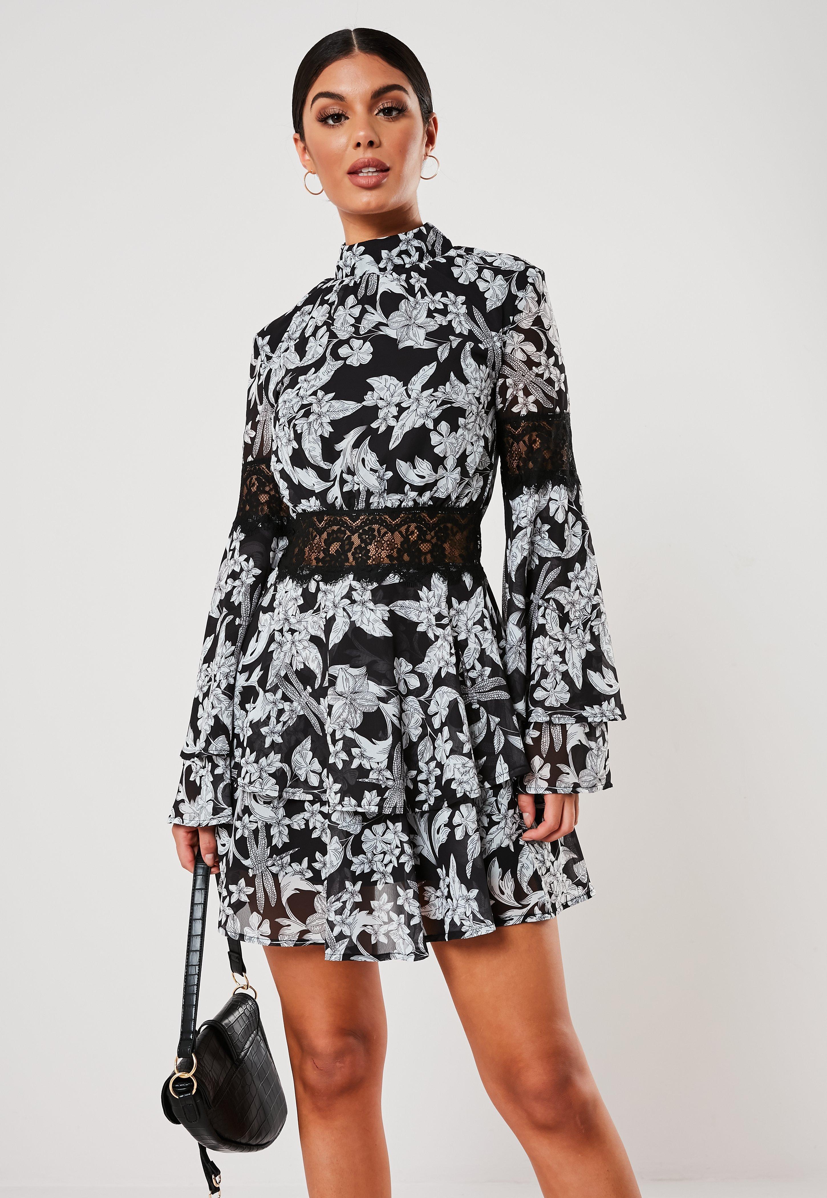 missguided floral high neck trim tea dress