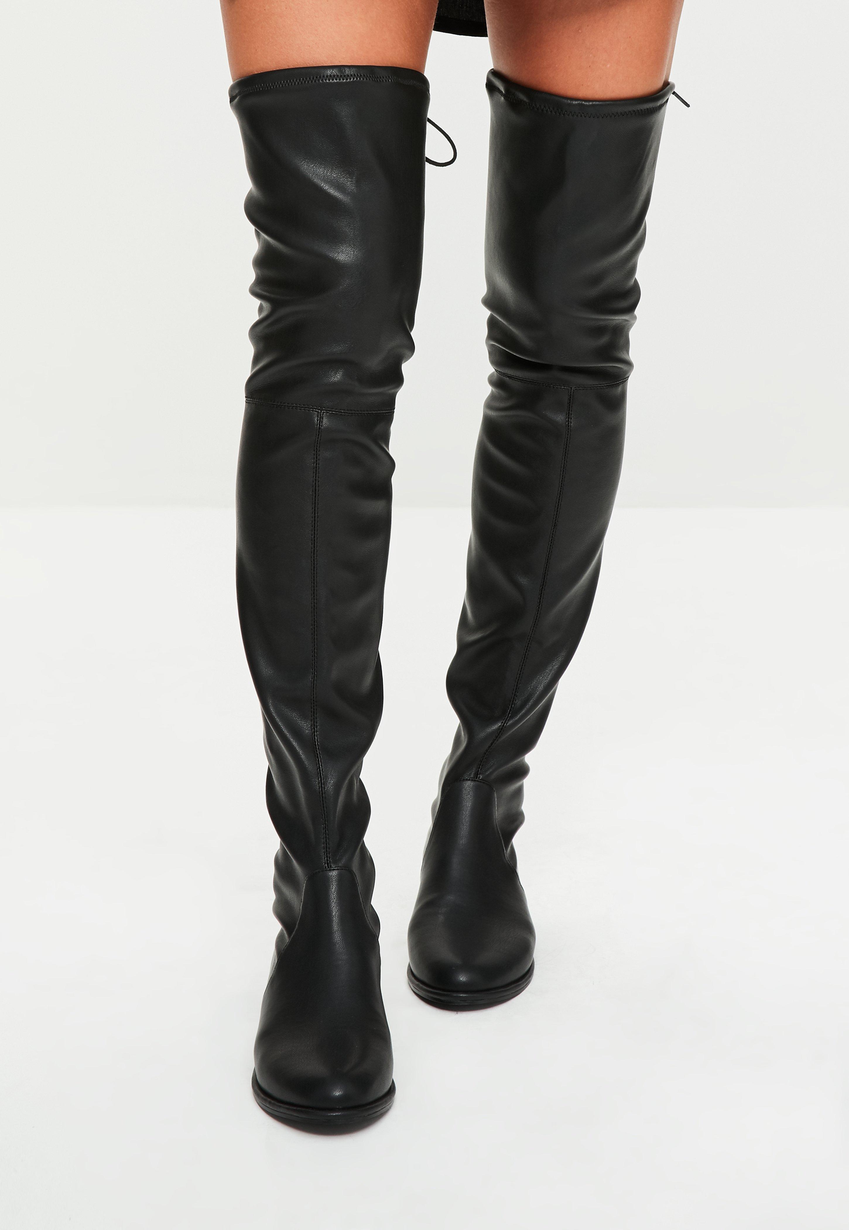 Missguided Black Faux Leather Flat Over The Knee Boots - Lyst