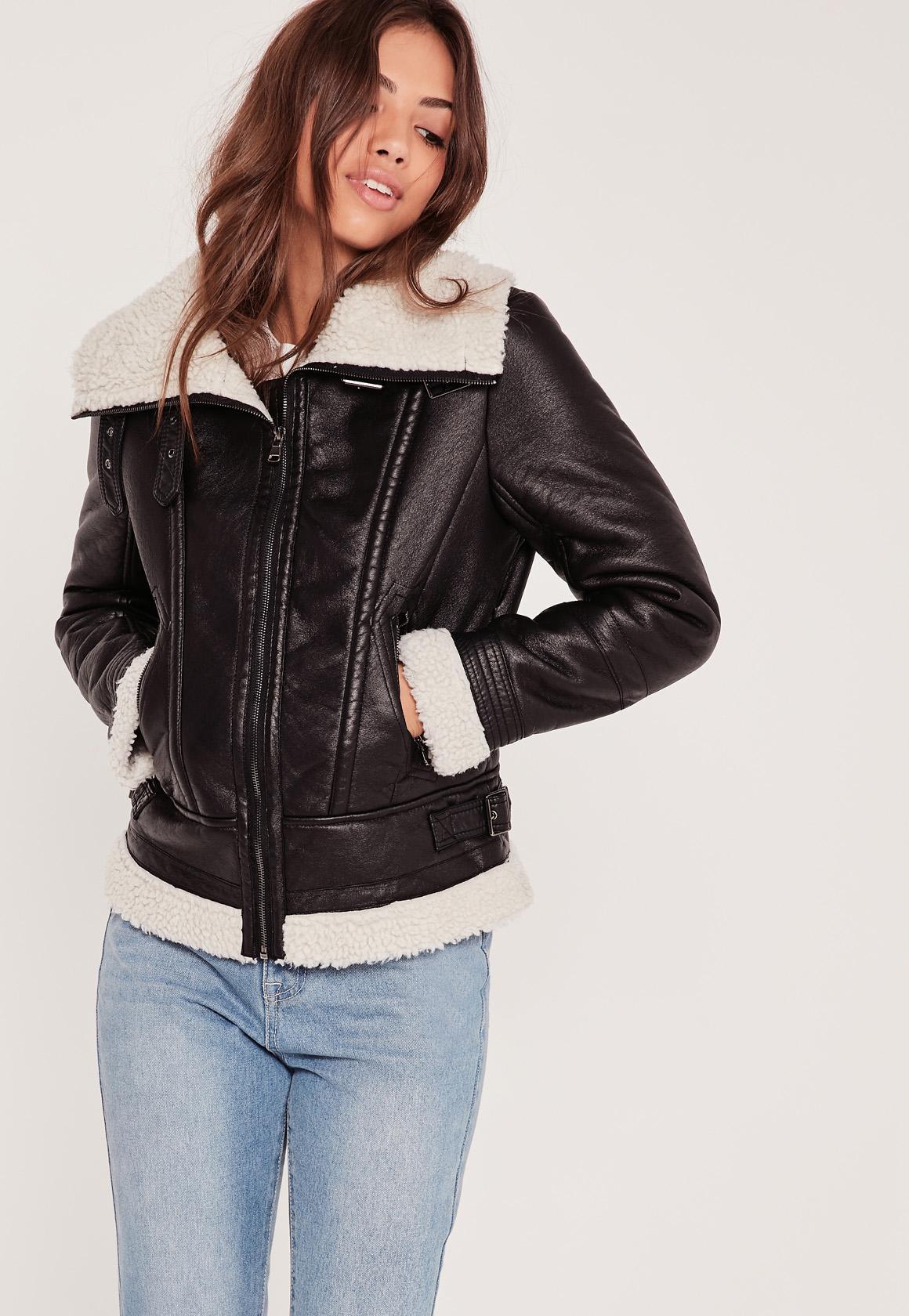 Missguided Black Faux Shearling Leather Look Aviator Pilot Jacket - Lyst