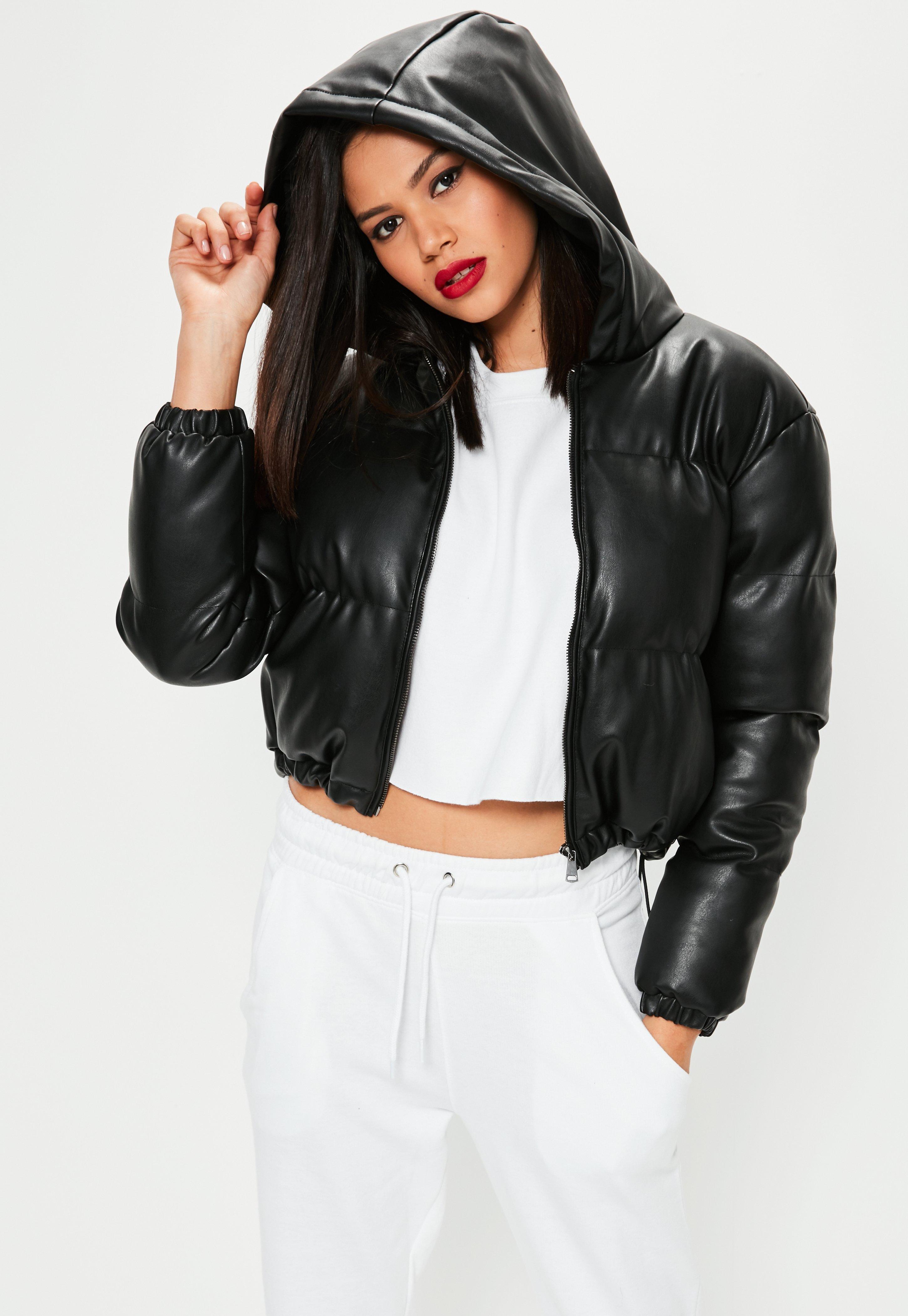Missguided Black Cropped Faux Leather Padded Jacket - Lyst