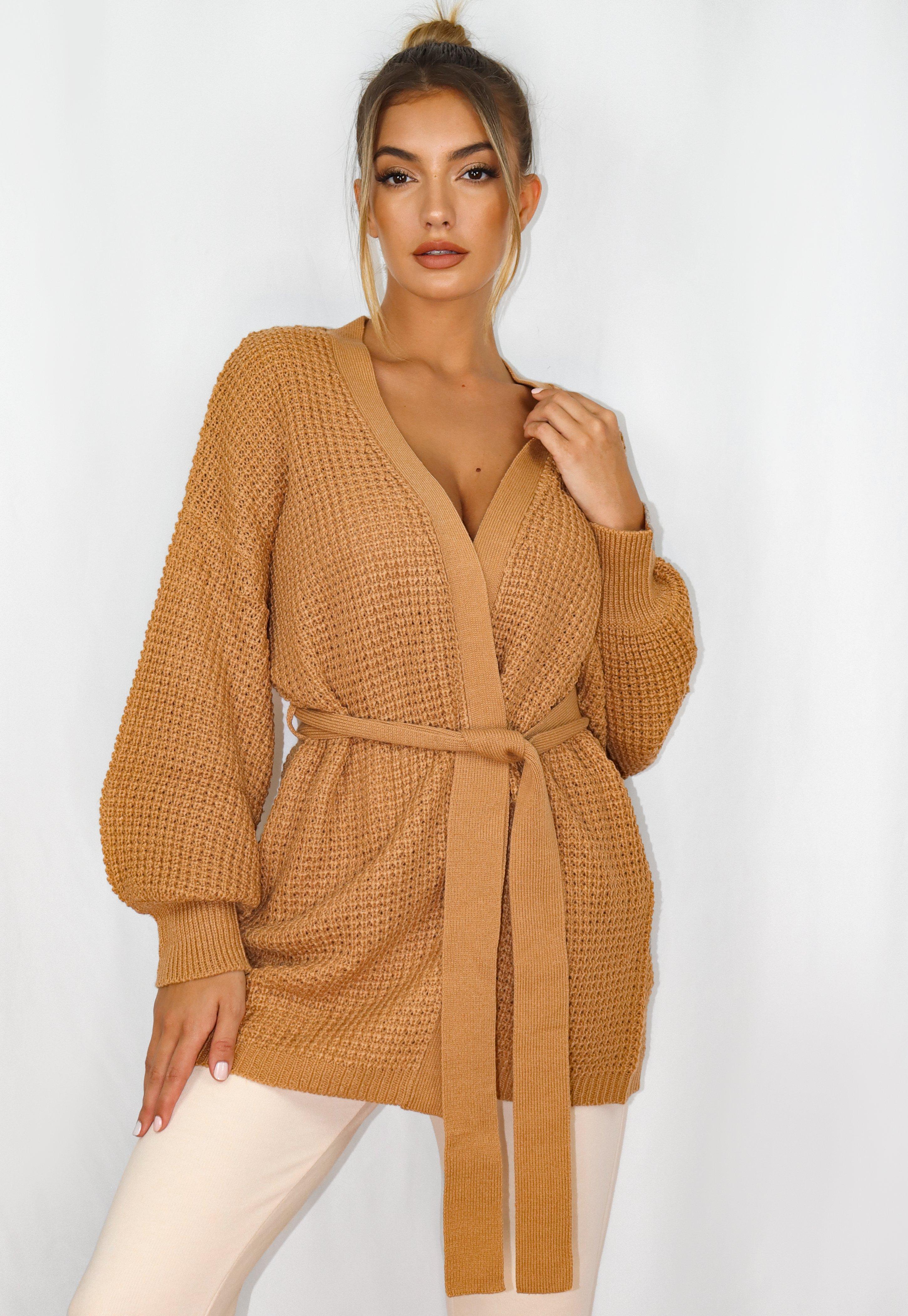 camel belted cardigan