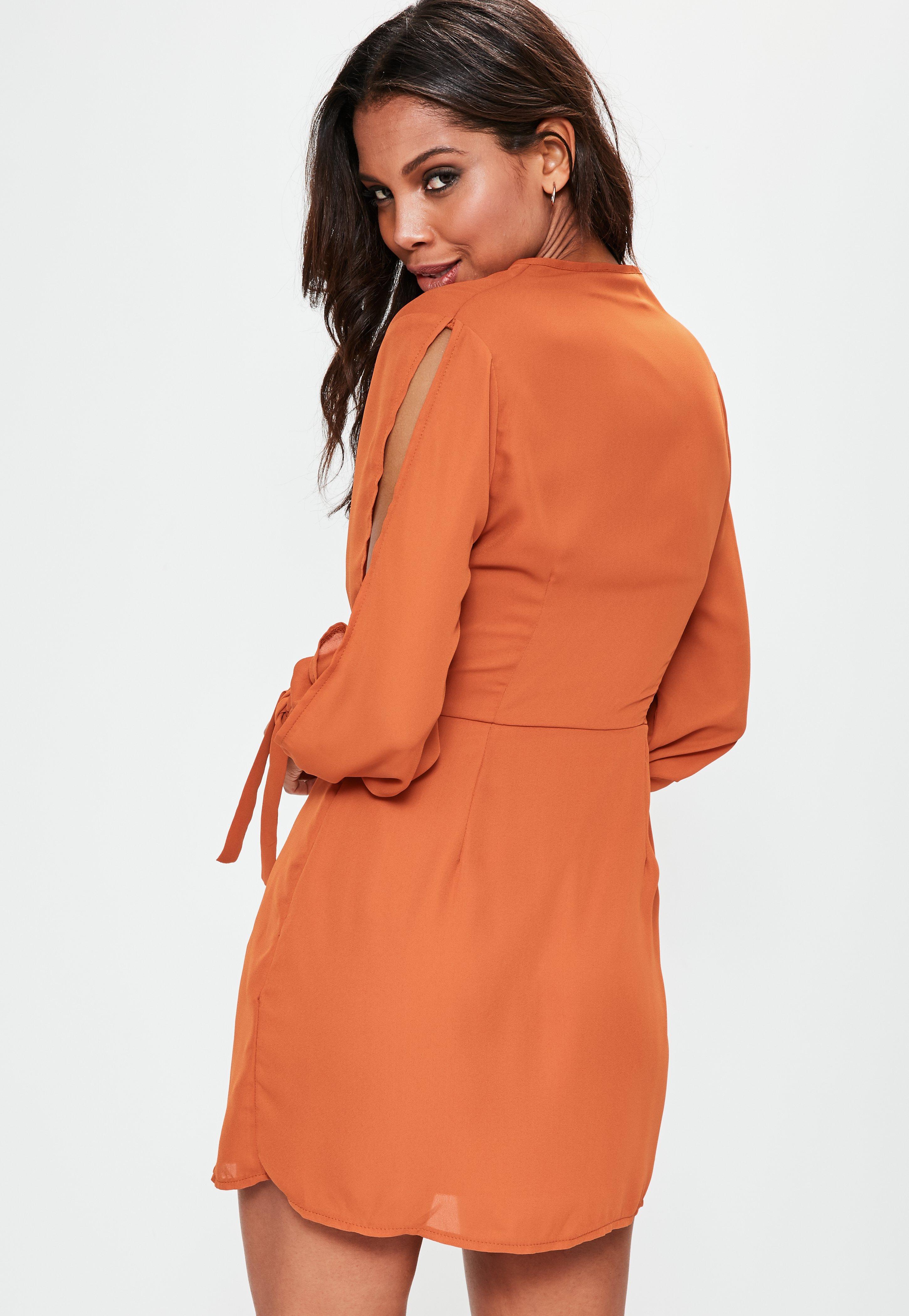 Missguided Orange Slit Sleeve Knot Front Wrap Dress - Lyst