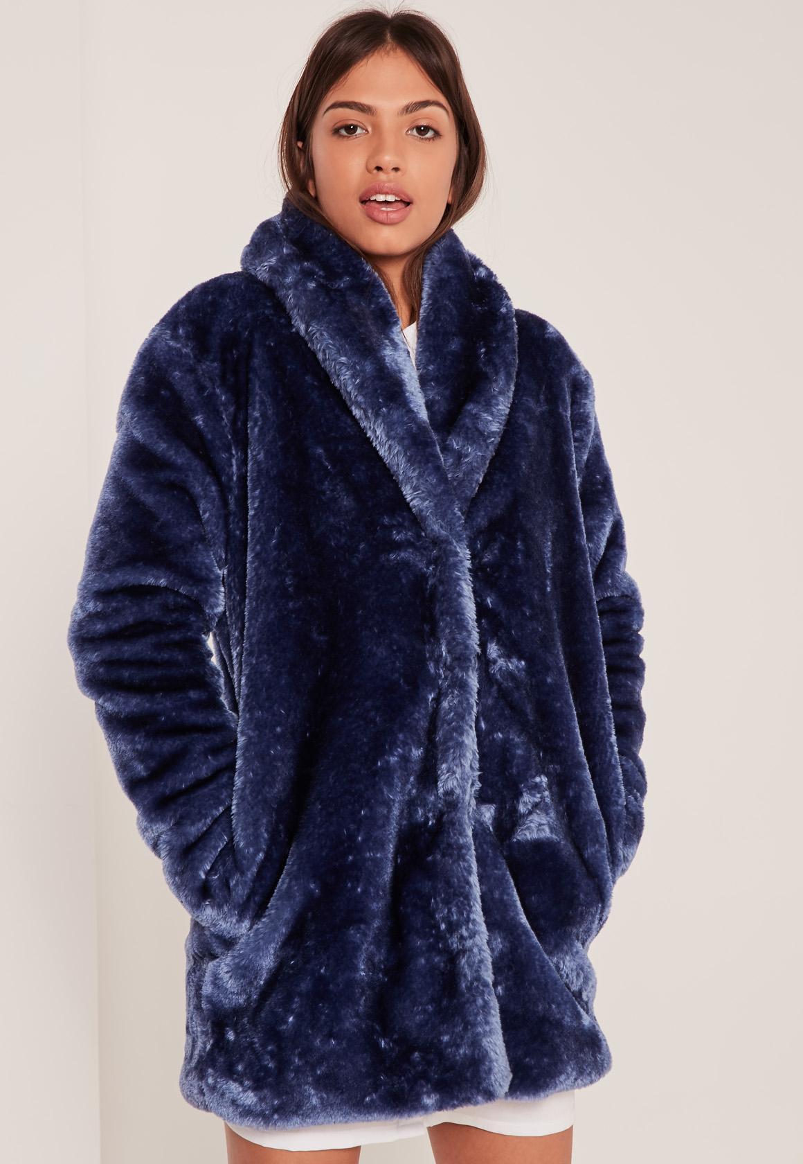 Missguided Pressed Faux Fur Coat Navy in Blue Lyst