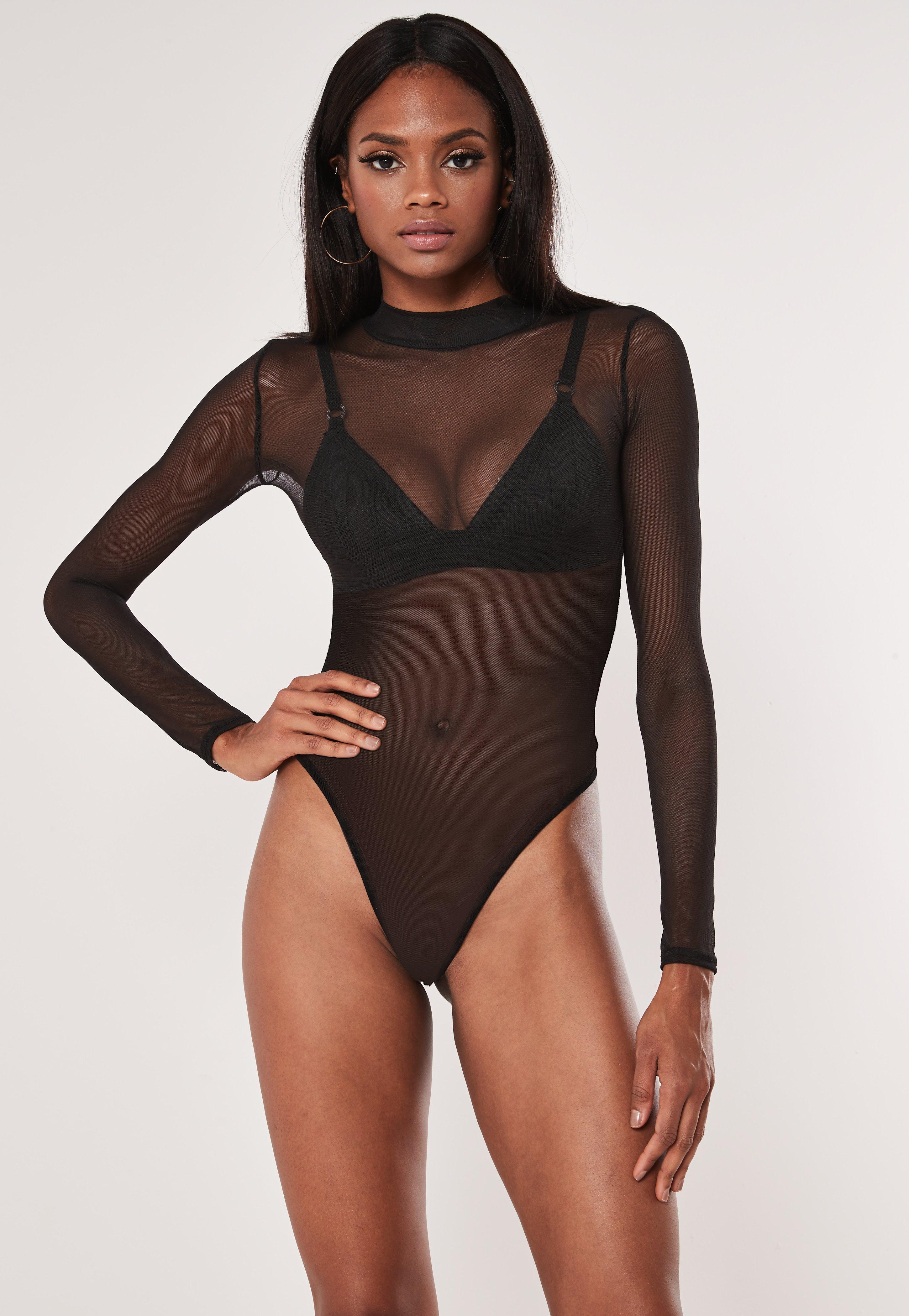 Missguided Synthetic Black Mesh High Neck Bodysuit - Lyst