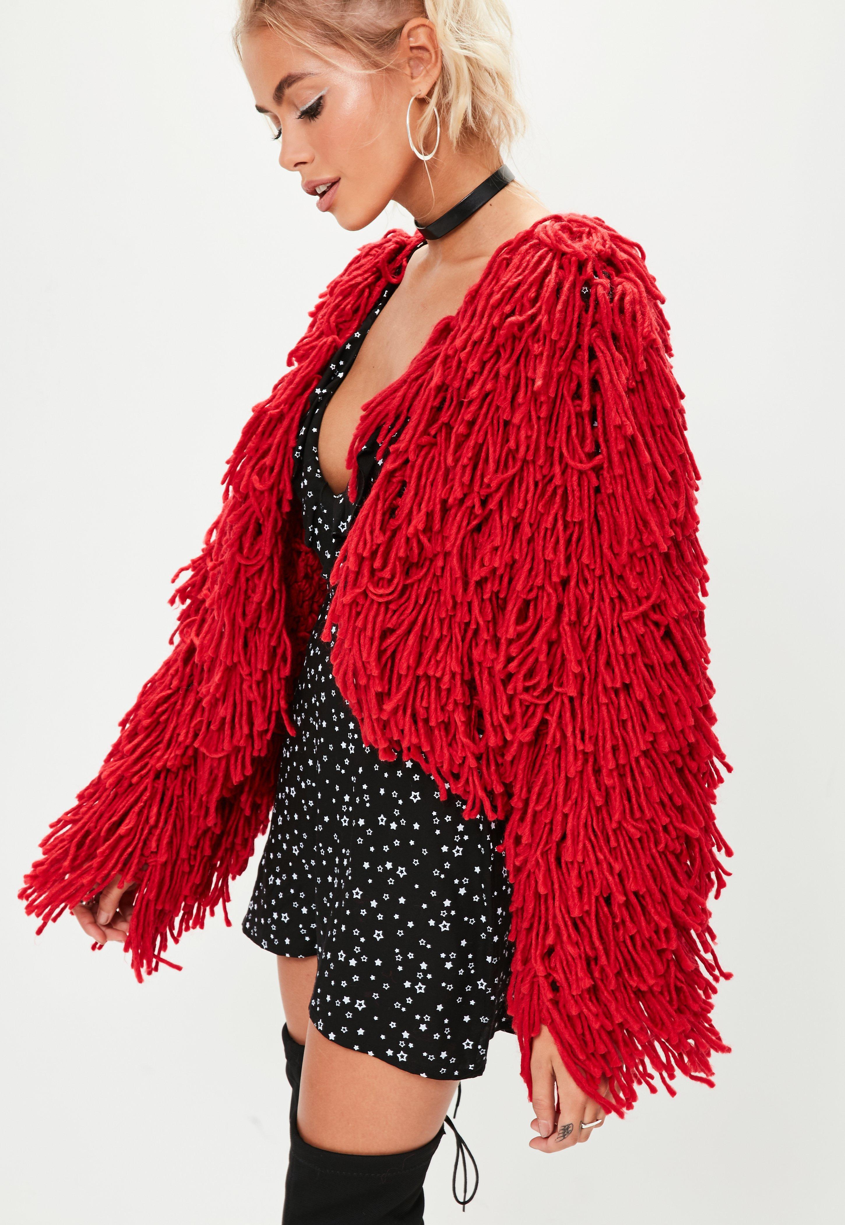 red shaggy knit cardigan
