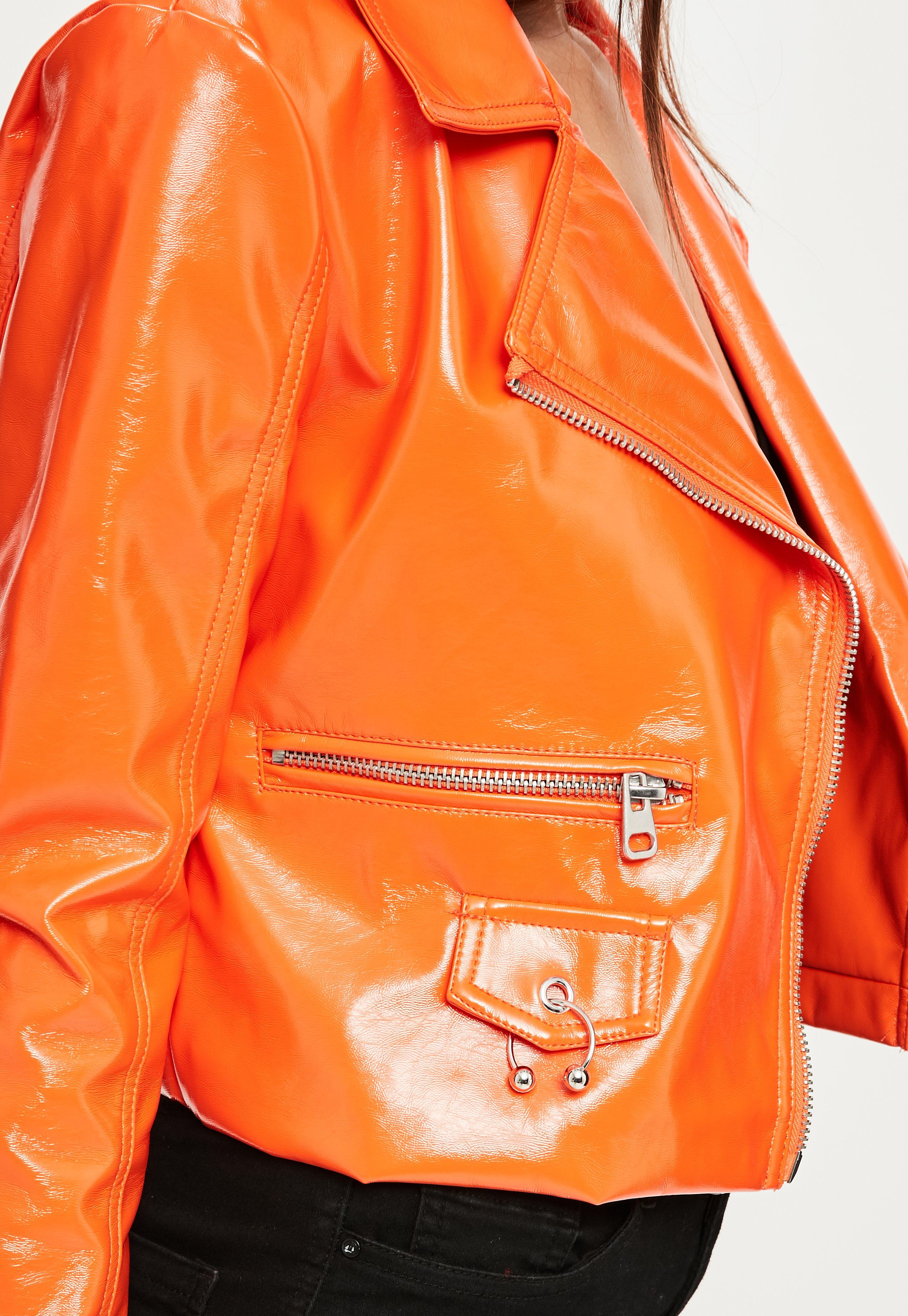 Missguided Orange Crop Patent Faux Leather Biker Jacket - Lyst