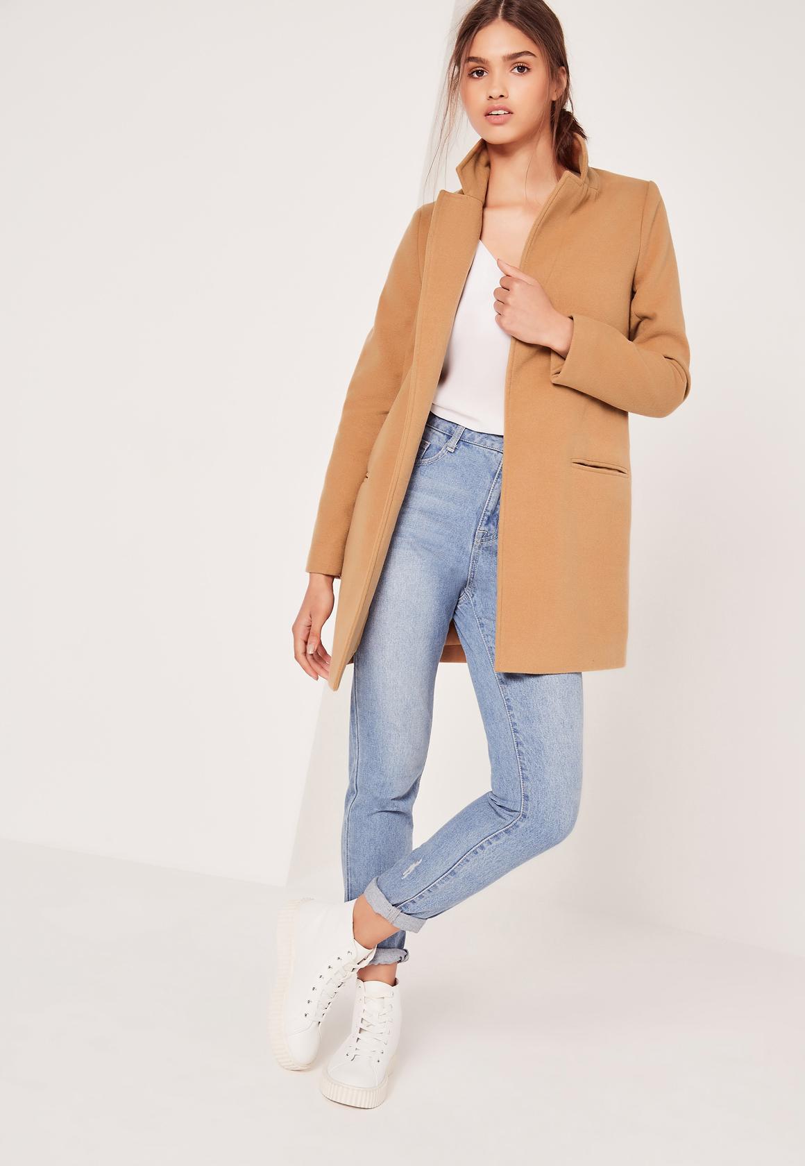 Missguided Camel Petite Short Tailored Faux Wool Coat in ...