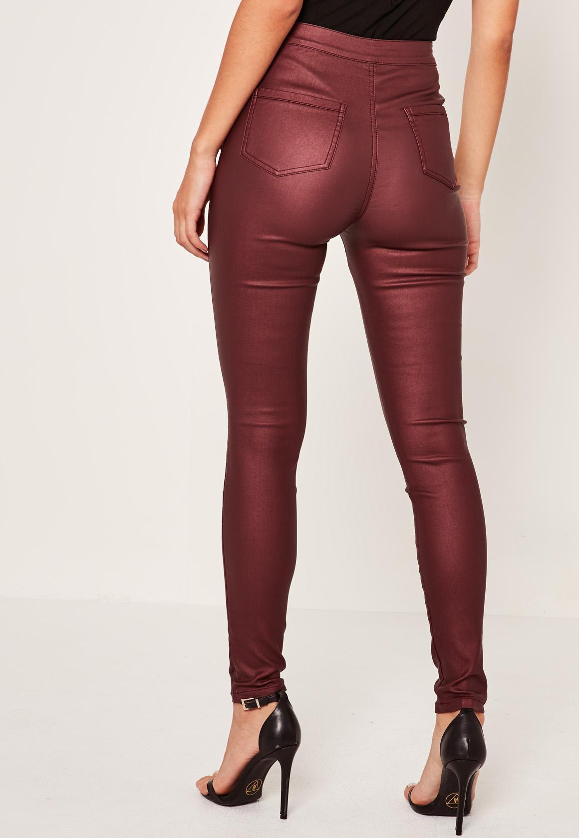Missguided Denim Vice High Waisted Coated Skinny Jeans Burgundy in ...