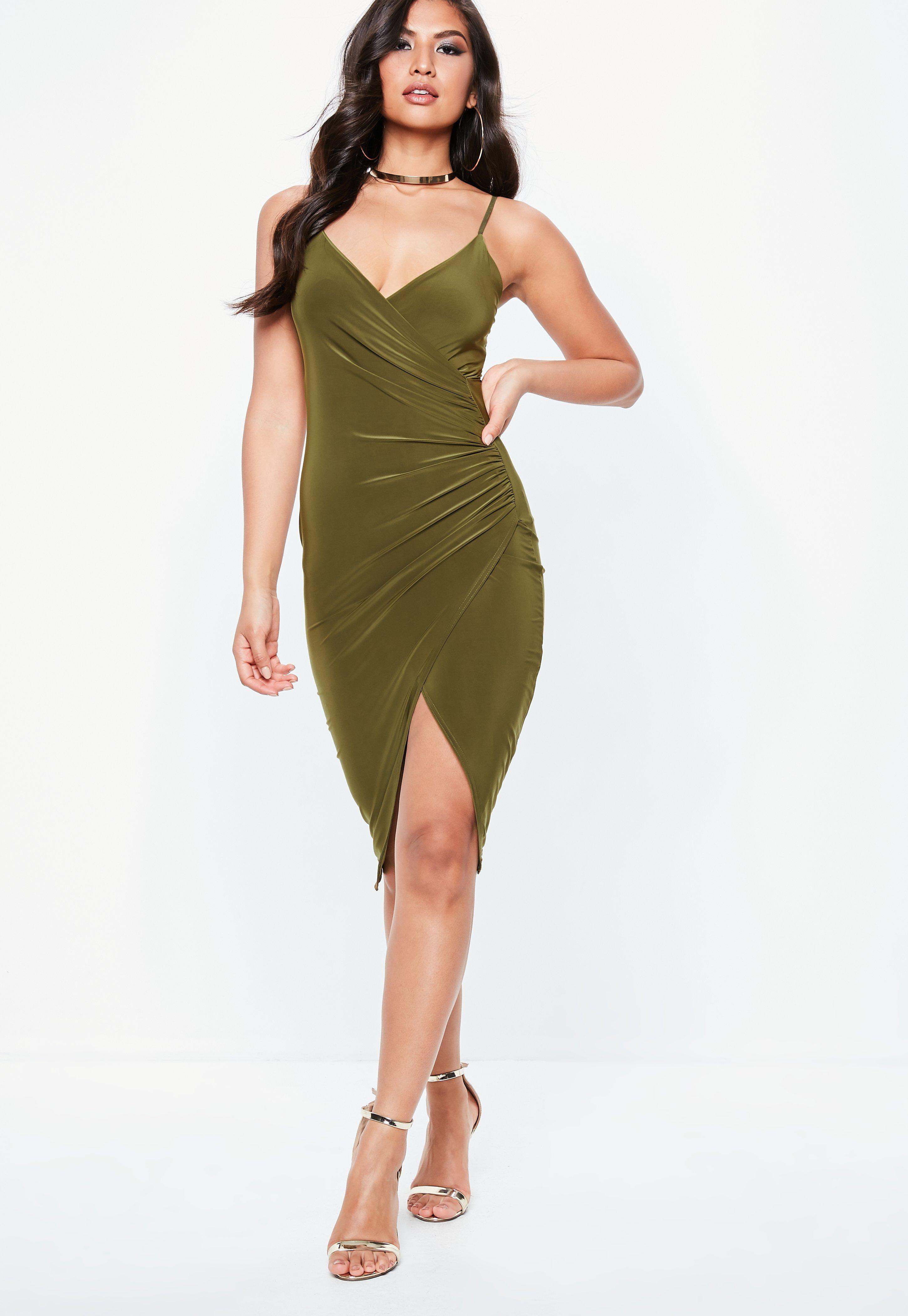 khaki strappy slinky wrap bodycon dress