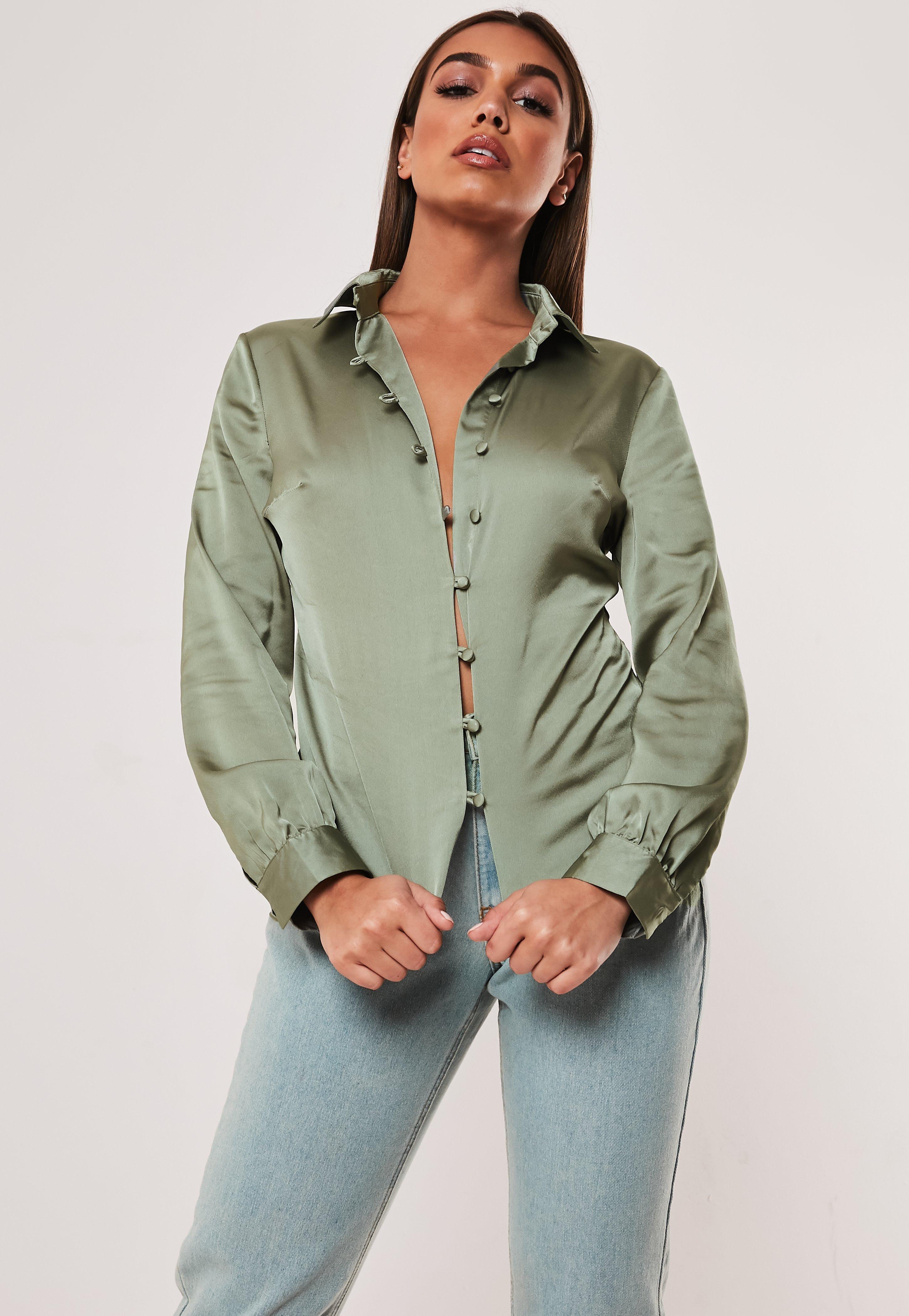 green satin button up