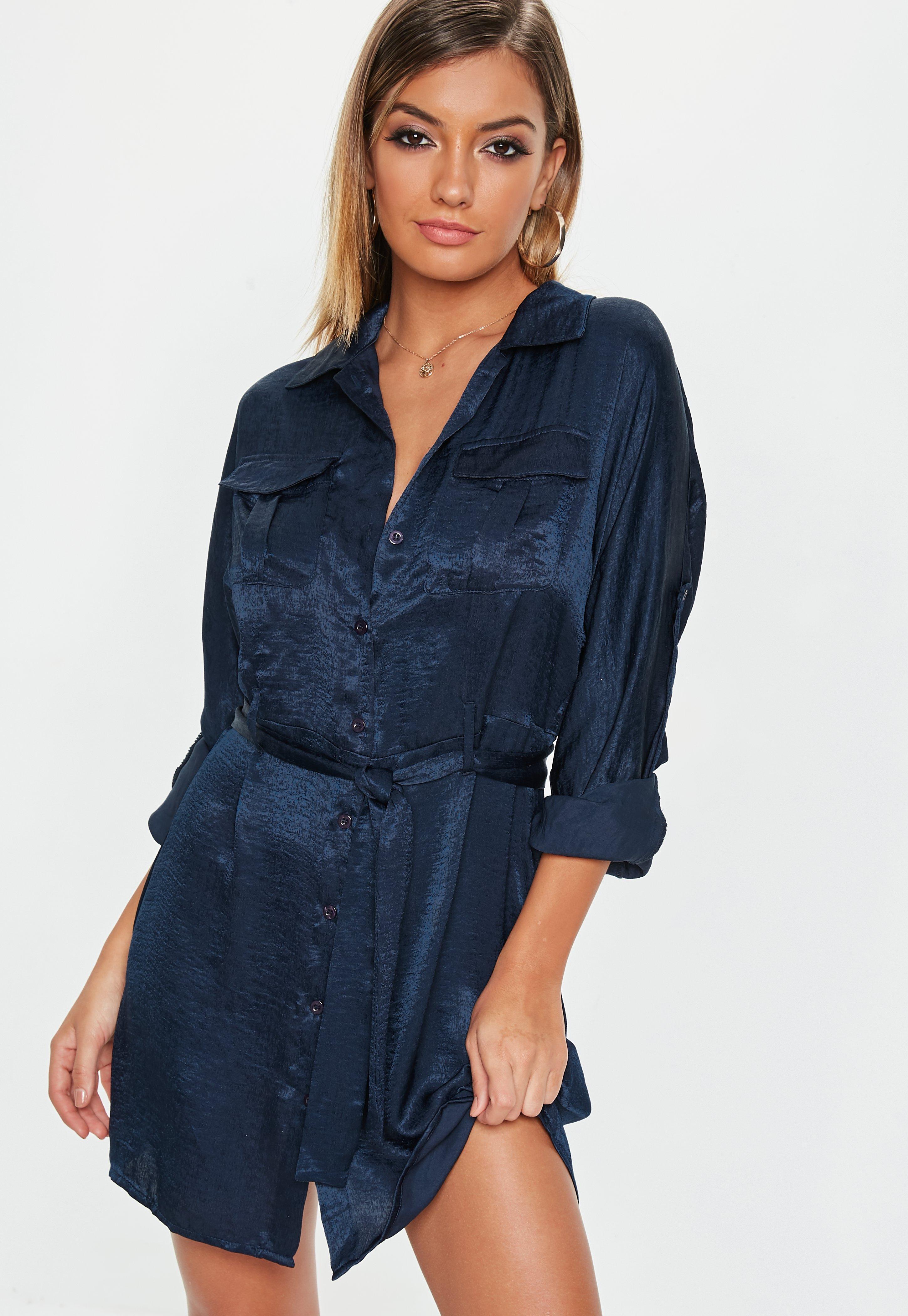 blue utility tie waist shirt dress