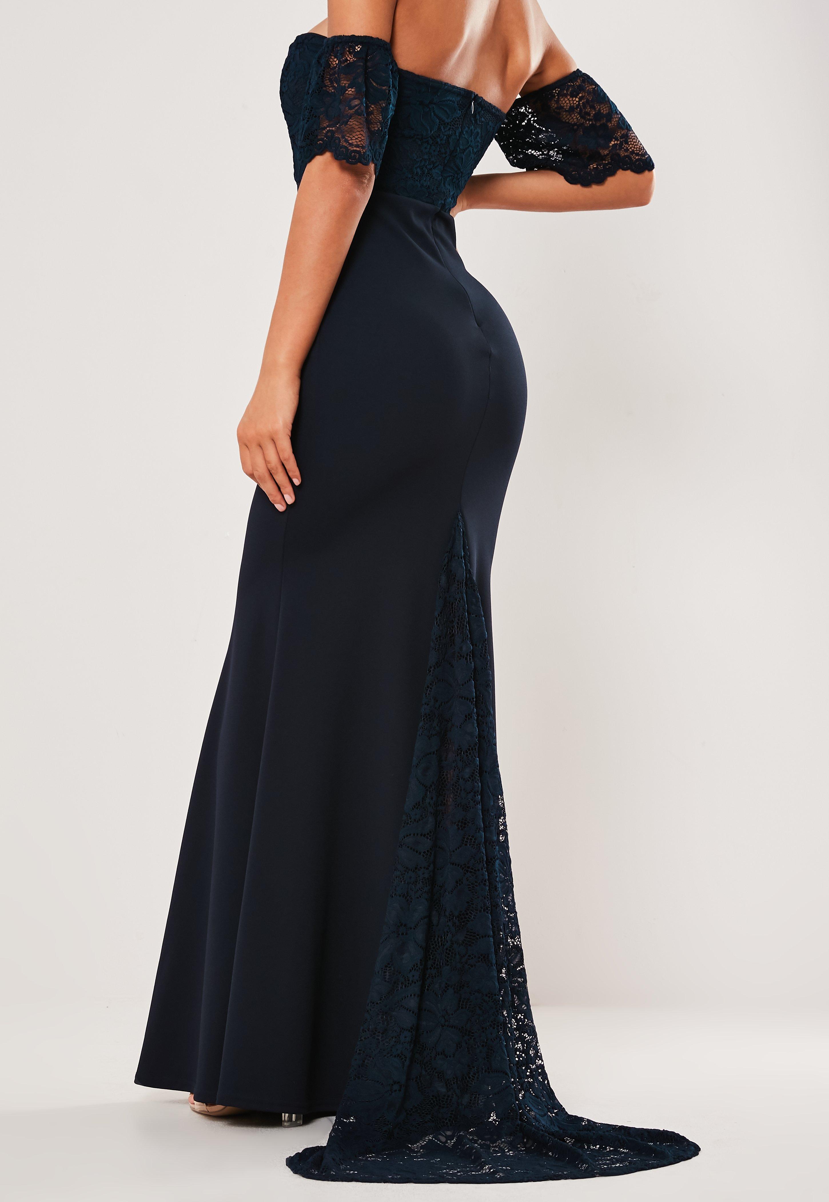 bridesmaid navy bardot lace insert fishtail maxi dress
