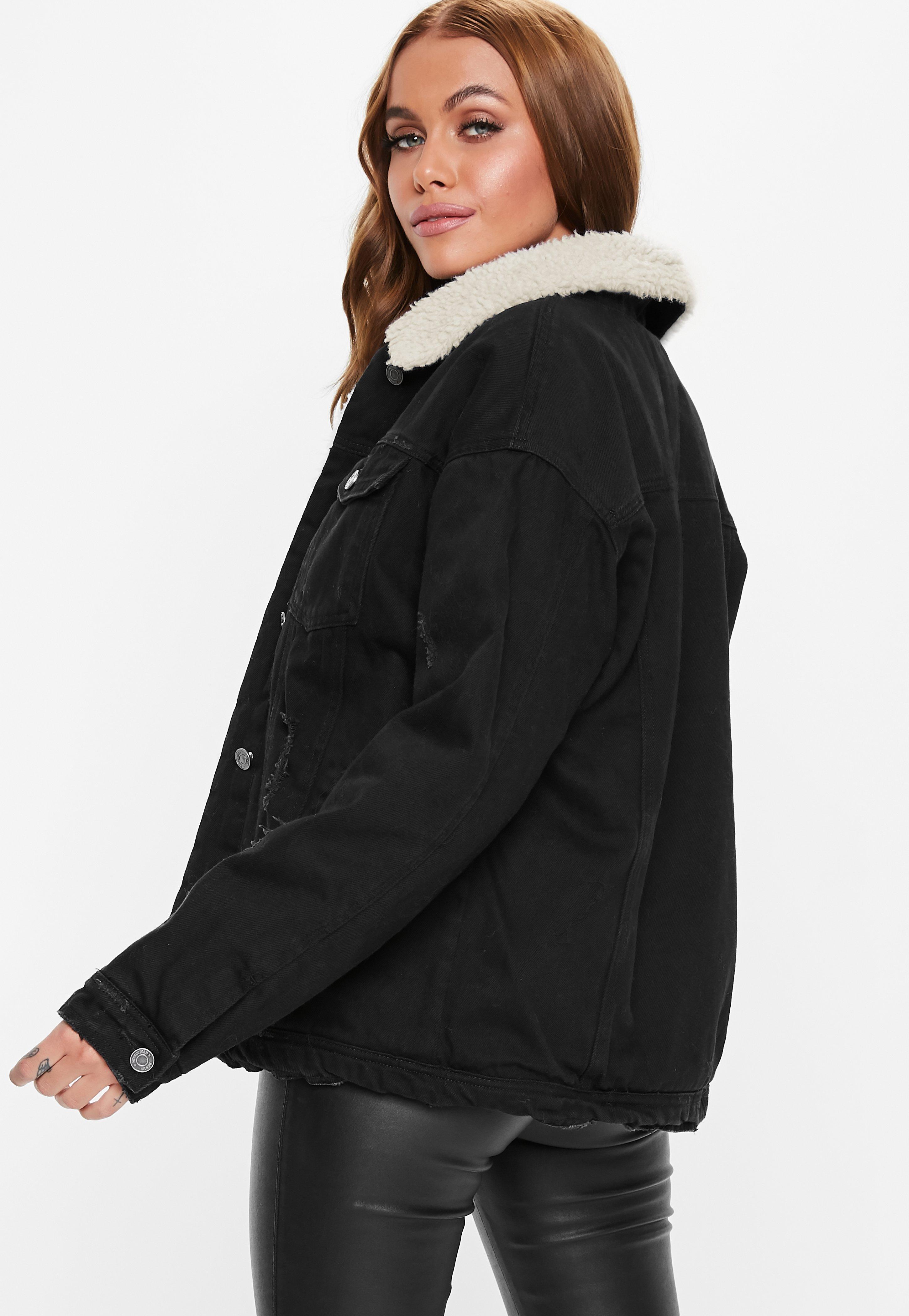 borg lined black denim jacket womens