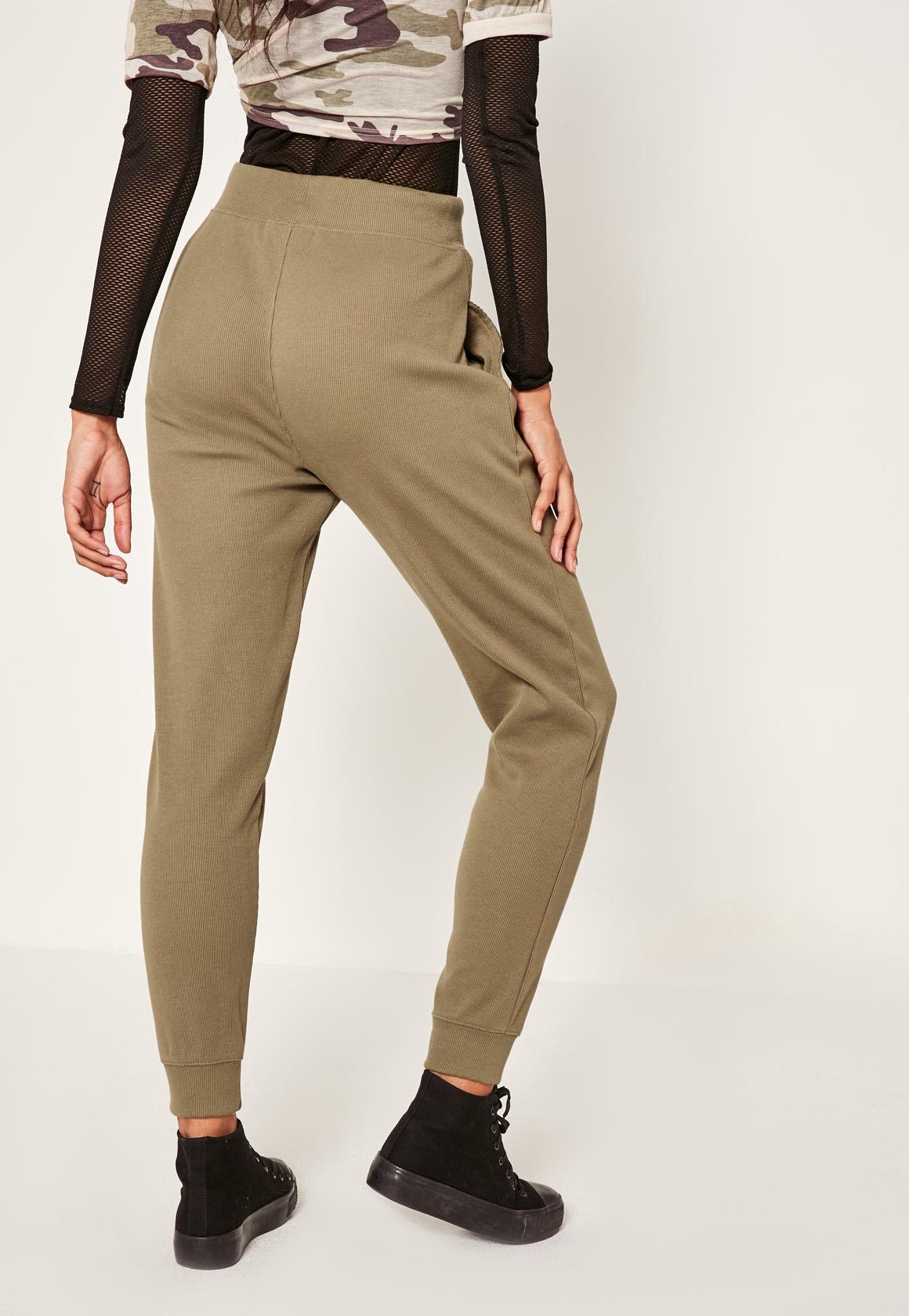 Missguided Khaki Ribbed Tie Front Joggers | Lyst