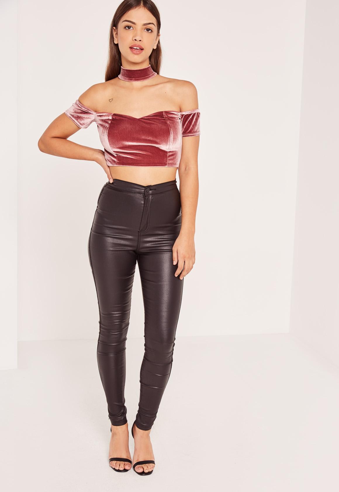 Missguided Pink Velvet Choker Neck Bardot Crop Top Lyst