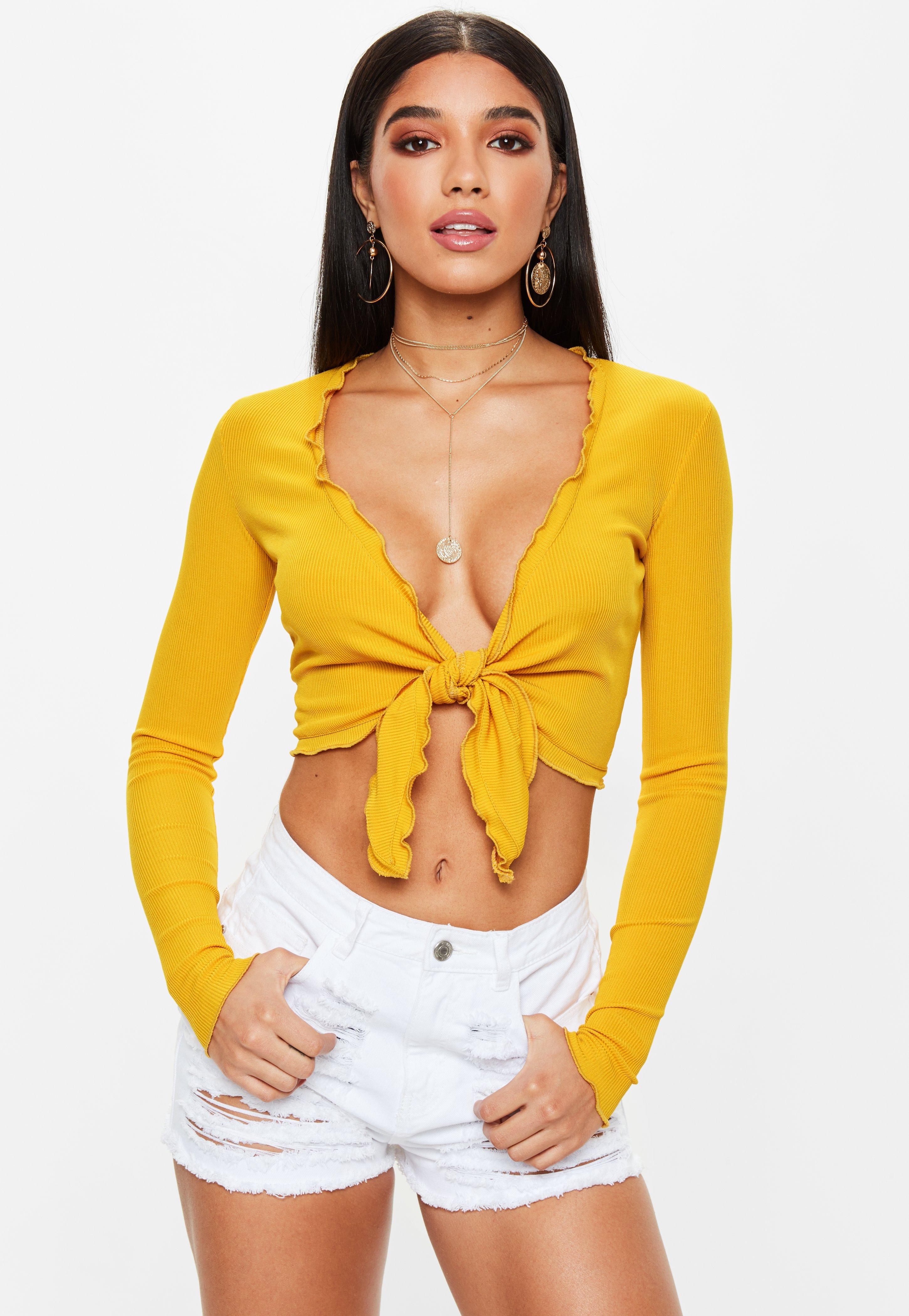mustard yellow tie front top
