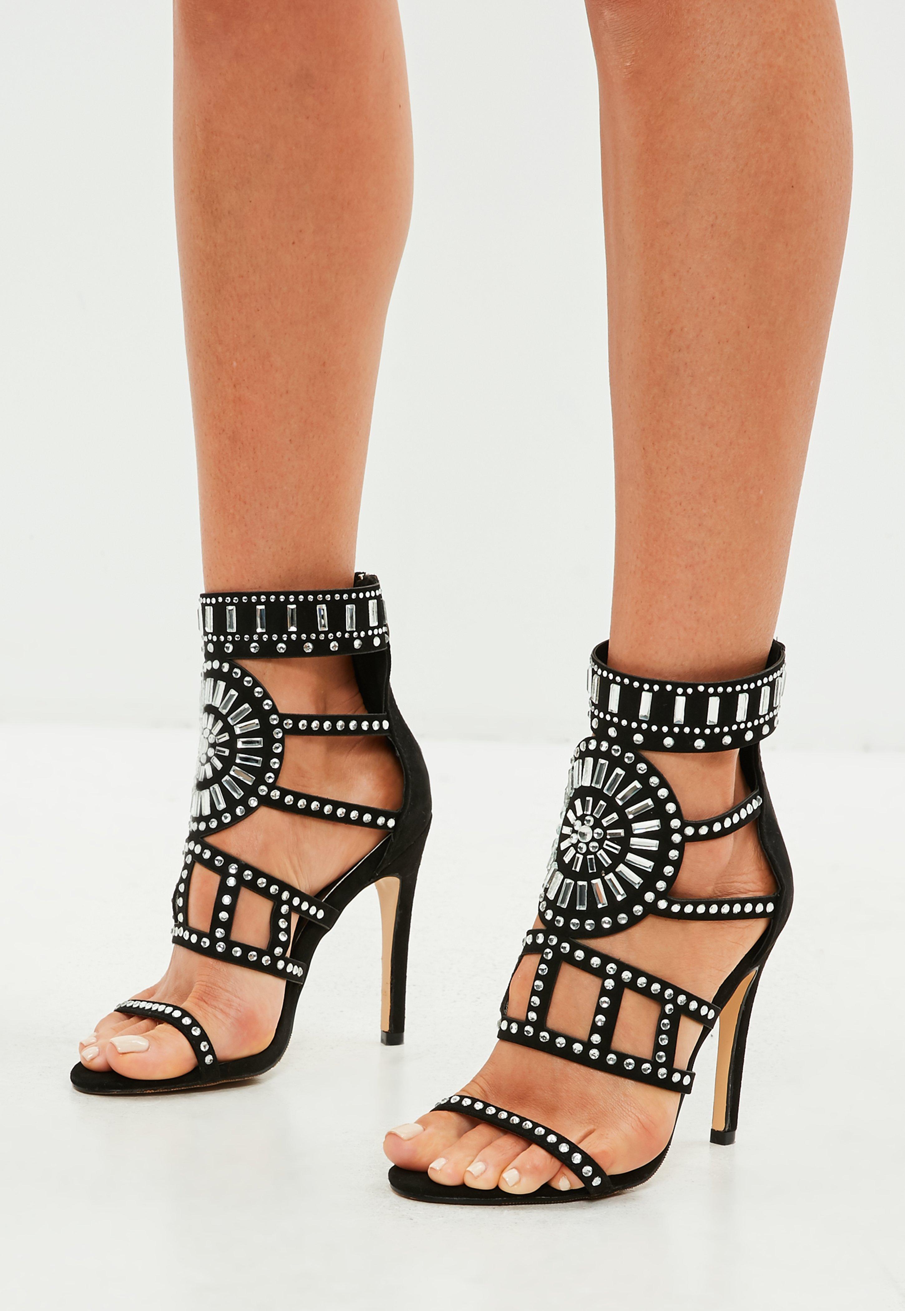 Missguided Black Embellished Heeled Gladiator Sandals - Lyst
