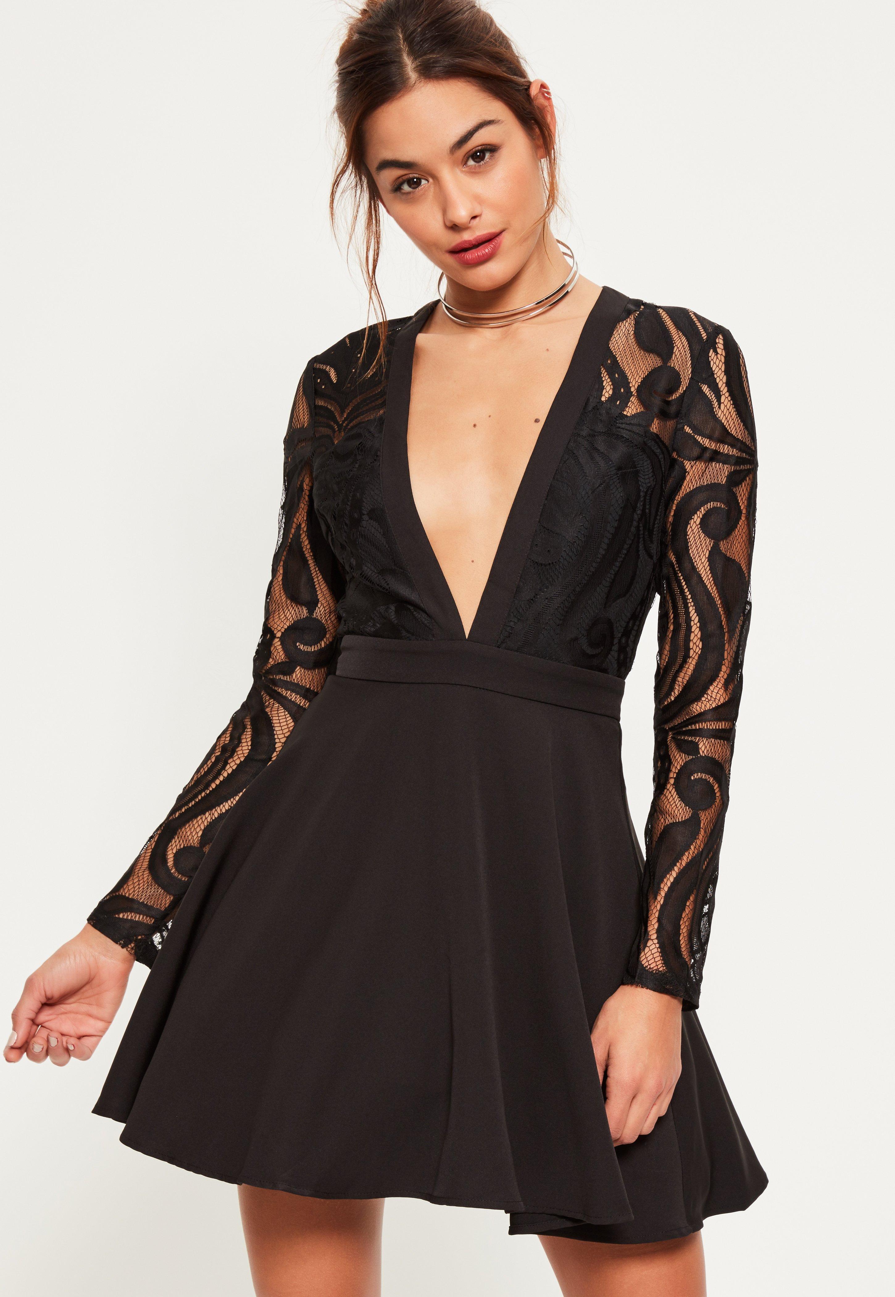 long sleeve plunge skater dress