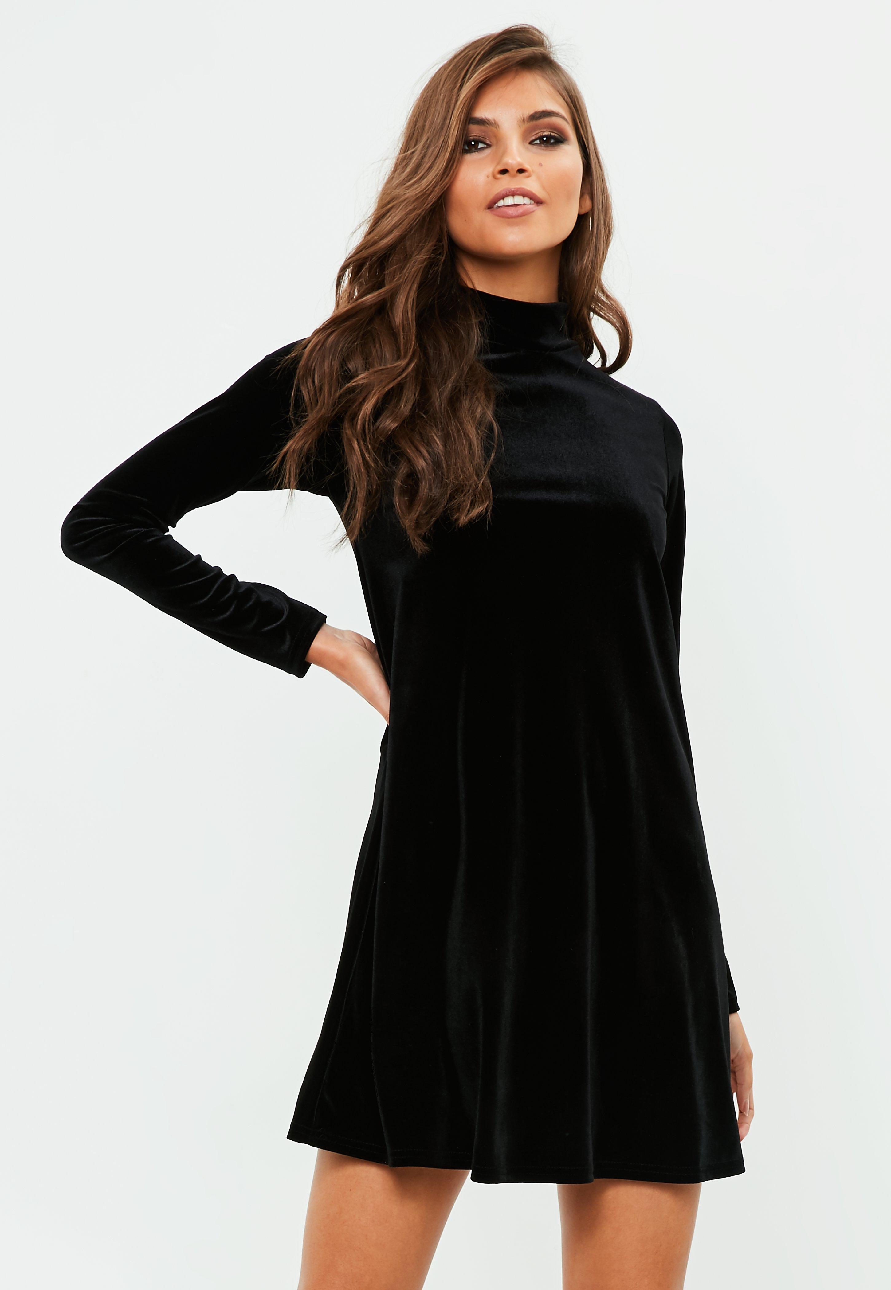 high neck black velvet dress